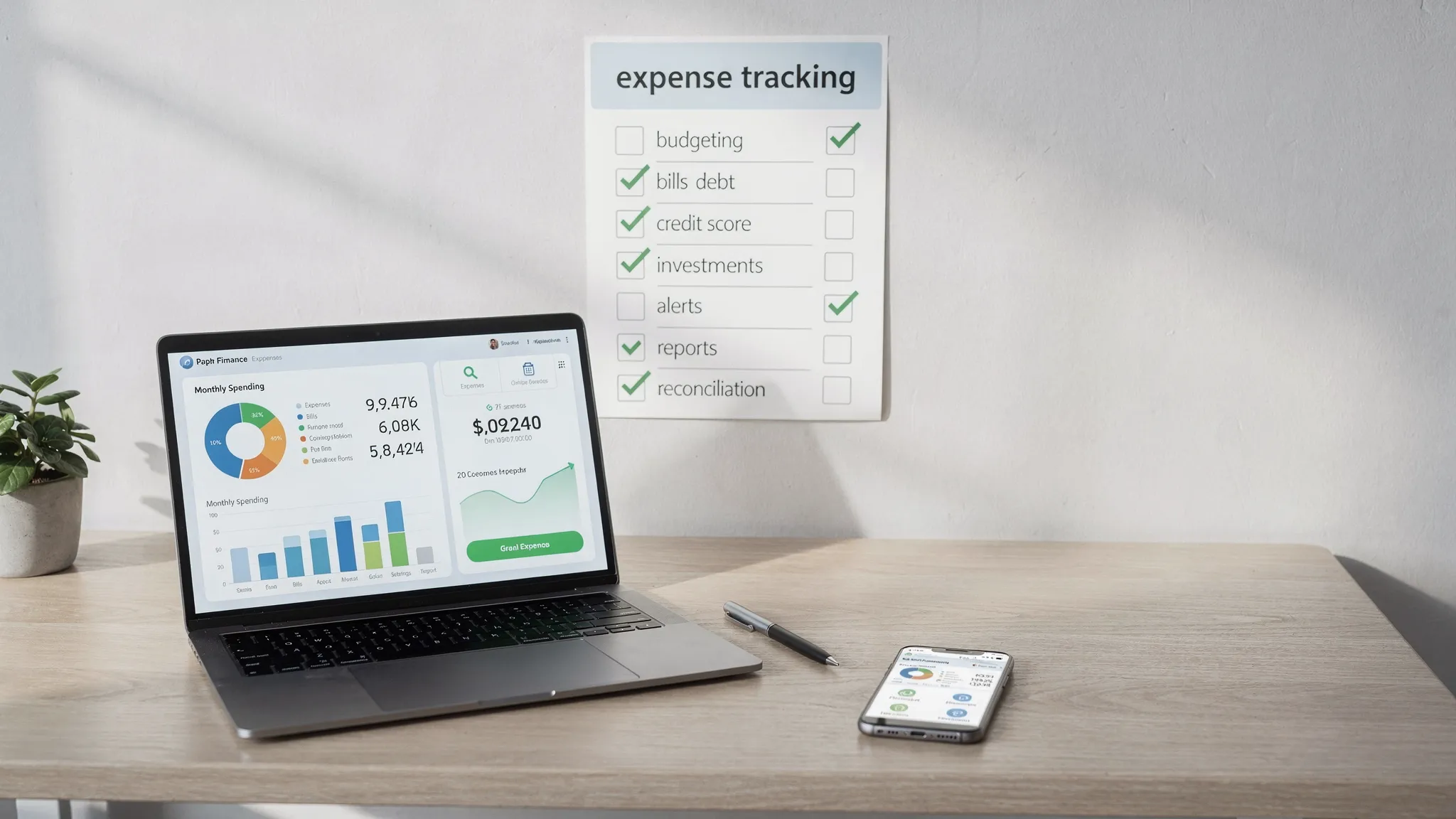 A clean desk scene with a laptop and phone showing a simplified personal finance dashboard. On the wall, a comparison checklist lists expense tracking, budgeting, bills, debt, credit score, investments, alerts, reports, reconciliation, and security with checkmarks next to several items.