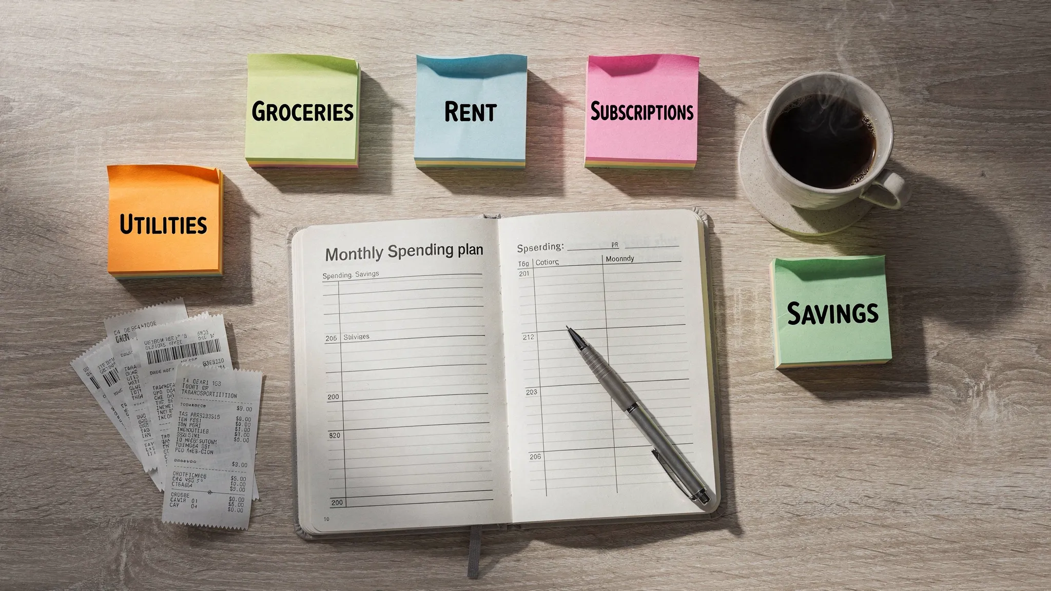 A clean desktop scene with colorful sticky notes labeled Groceries, Rent, Utilities, Transportation, Subscriptions, and Savings surrounding a notebook with a simple monthly spending plan, a pen, a small pile of sorted receipts, and a cup of coffee.