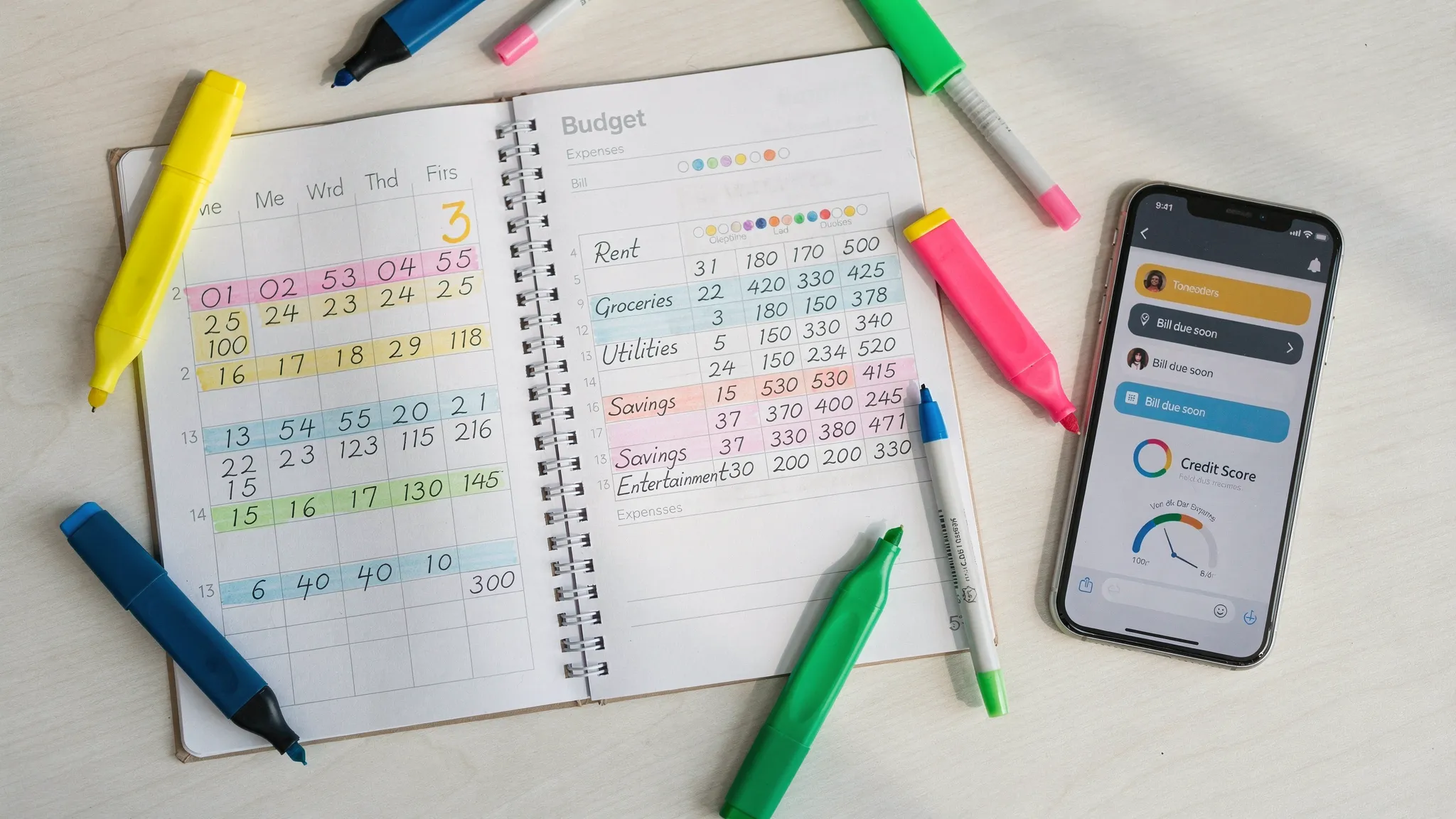 A clean overhead scene of a planner open to a monthly budget, with labeled spending categories, colored highlighters, and a smartphone showing alerts for upcoming bills and a credit score update.