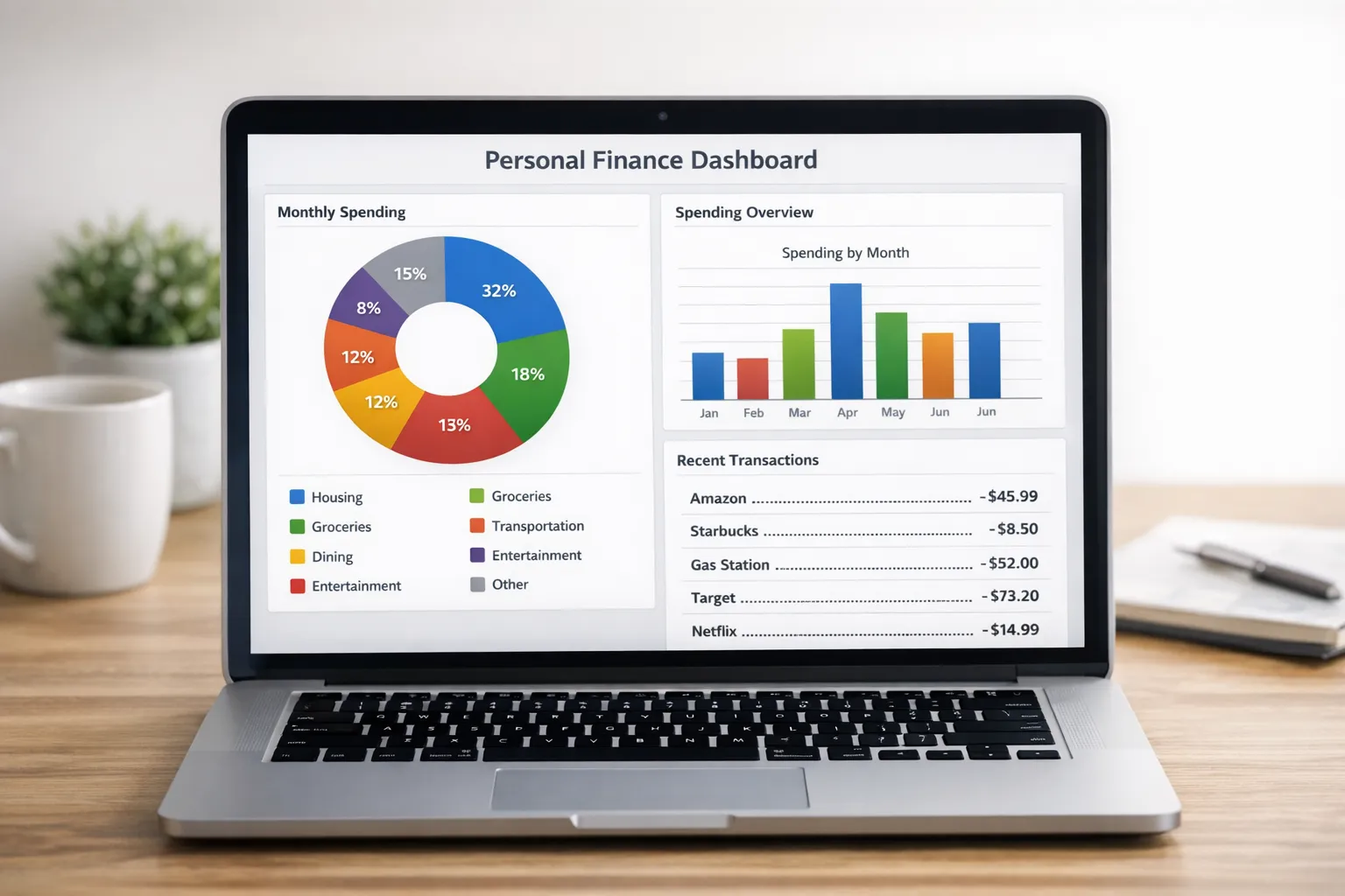A clean personal finance dashboard mockup showing a monthly spending pie chart by category, a bar chart of spending by month, an upcoming bills list with due dates, and a recent transactions feed with merchant names and amounts, all displayed on a laptop screen in a neutral workspace.