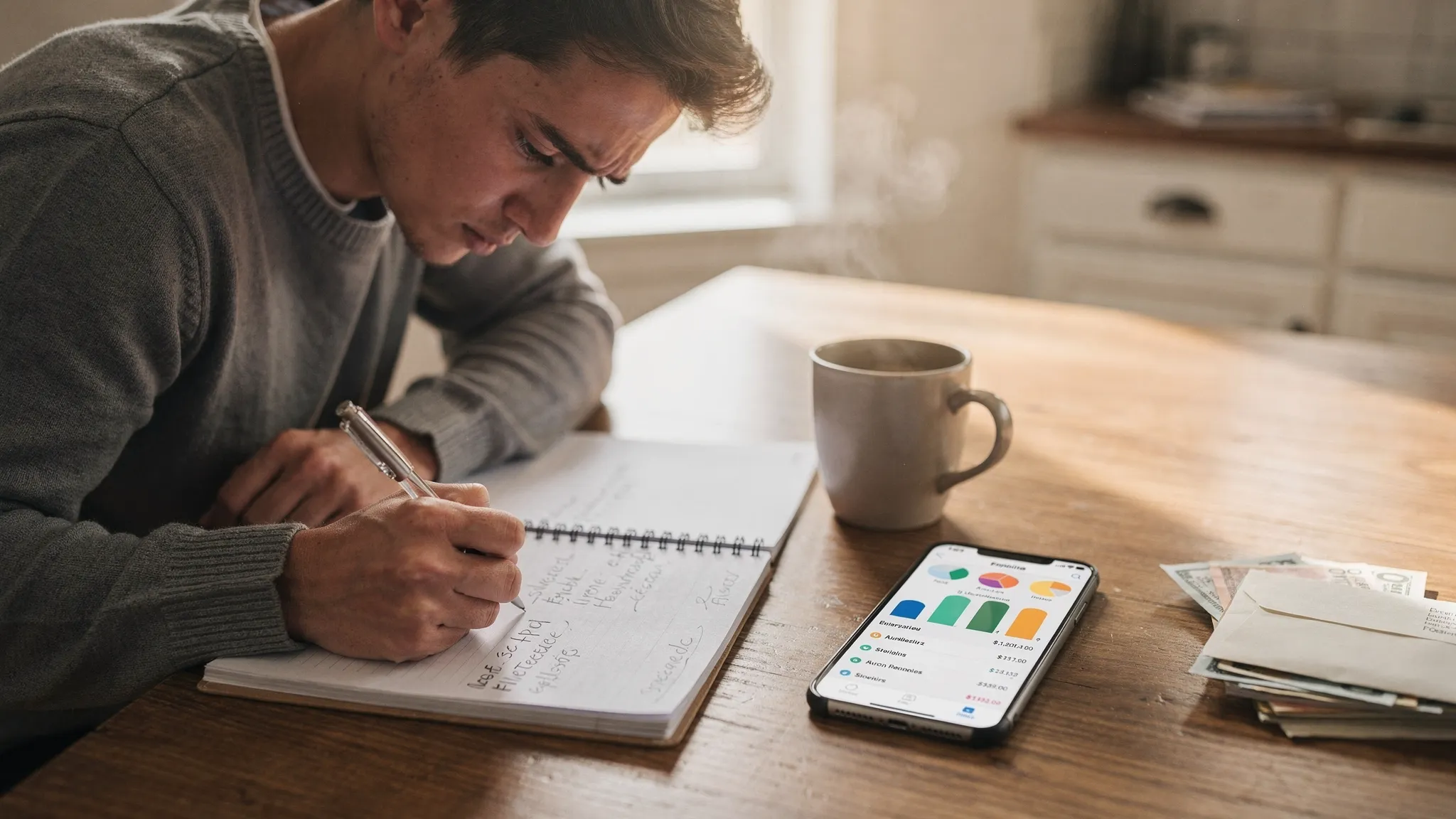 A first-time budgeter sits at a kitchen table with a notebook and smartphone, comparing top budgeting apps on a simple dashboard while categorizing recent transactions. A coffee mug and a small stack of bills are nearby, natural daylight coming from a window.