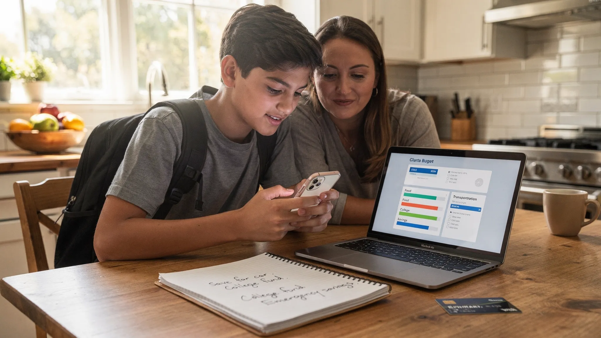 A high school teen sits at a kitchen table with a parent, both looking at a smartphone and a laptop displaying a simple personal budget dashboard with categories like Food, Transportation, and Savings. A notebook with a short list of goals and a debit card are on the table. Bright, natural light and a calm home setting convey learning by doing.