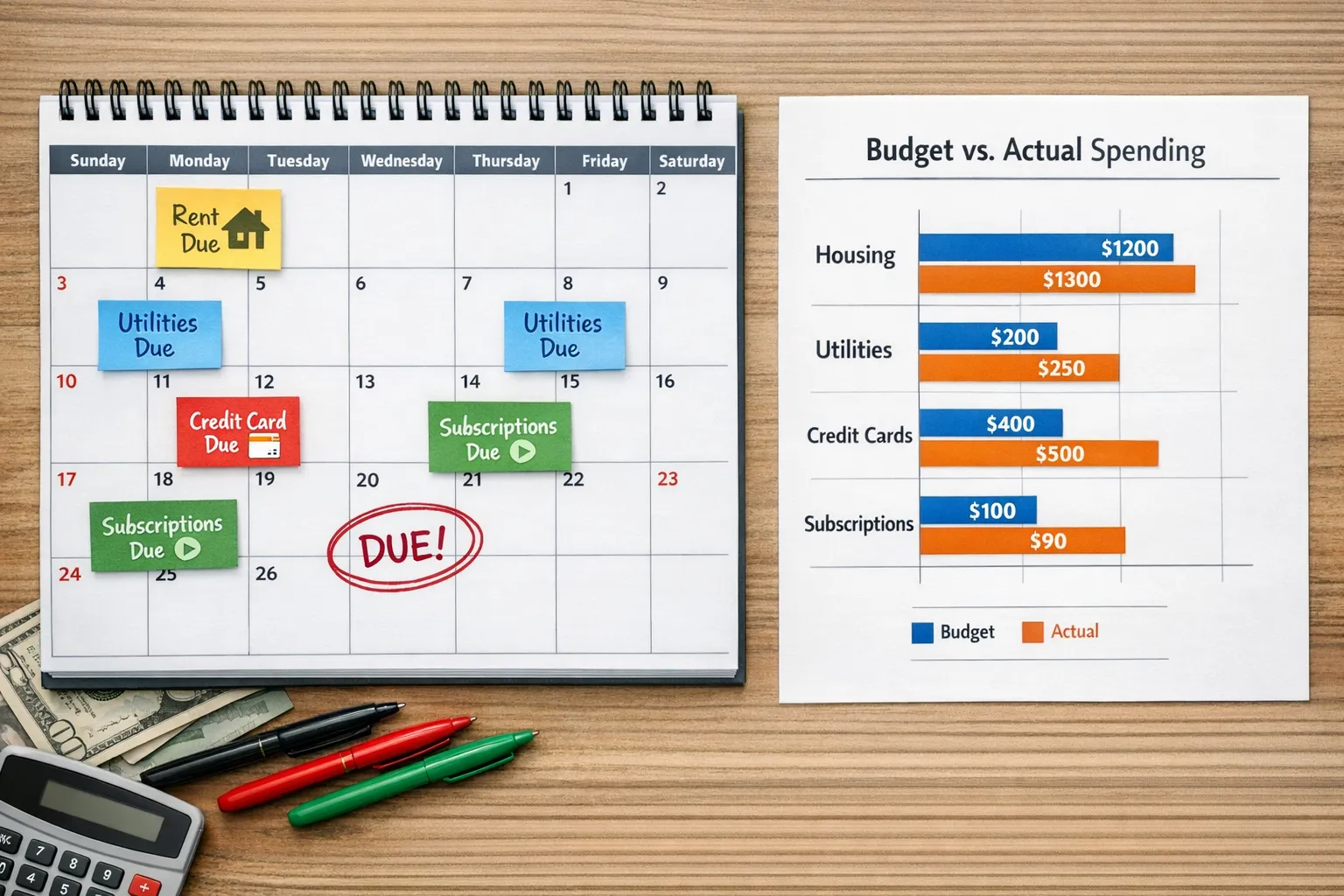 Personal Budget App Tips: Spend Less, Save More 3 A month-view bill calendar with color-coded due dates for rent, utilities, credit cards, and subscriptions, alongside a progress chart showing budget vs actual spending by category.