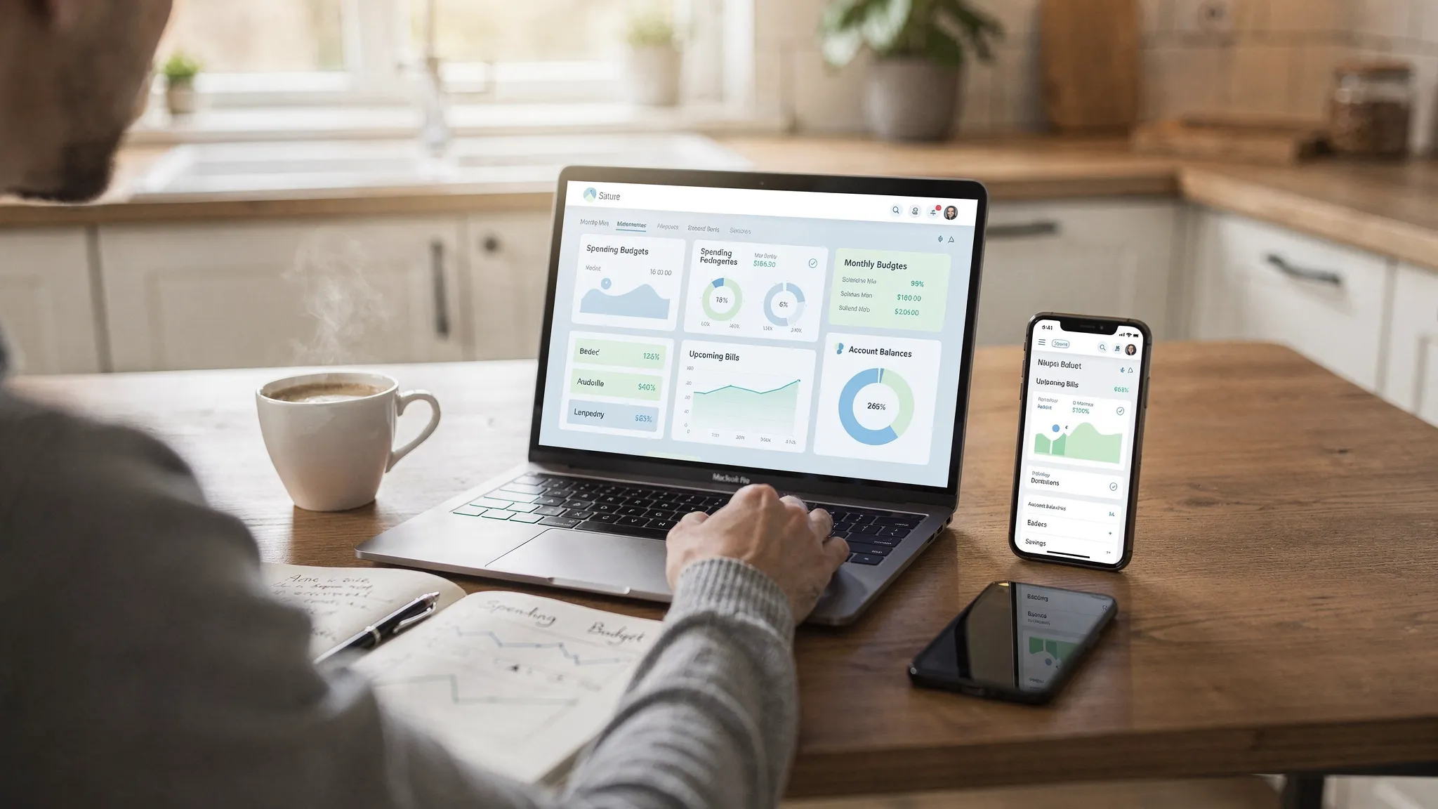 A person at a kitchen table using a laptop and phone that both display a clean personal finance dashboard with charts for spending, budgets, upcoming bills, and account balances, with a cup of coffee and a notebook nearby.