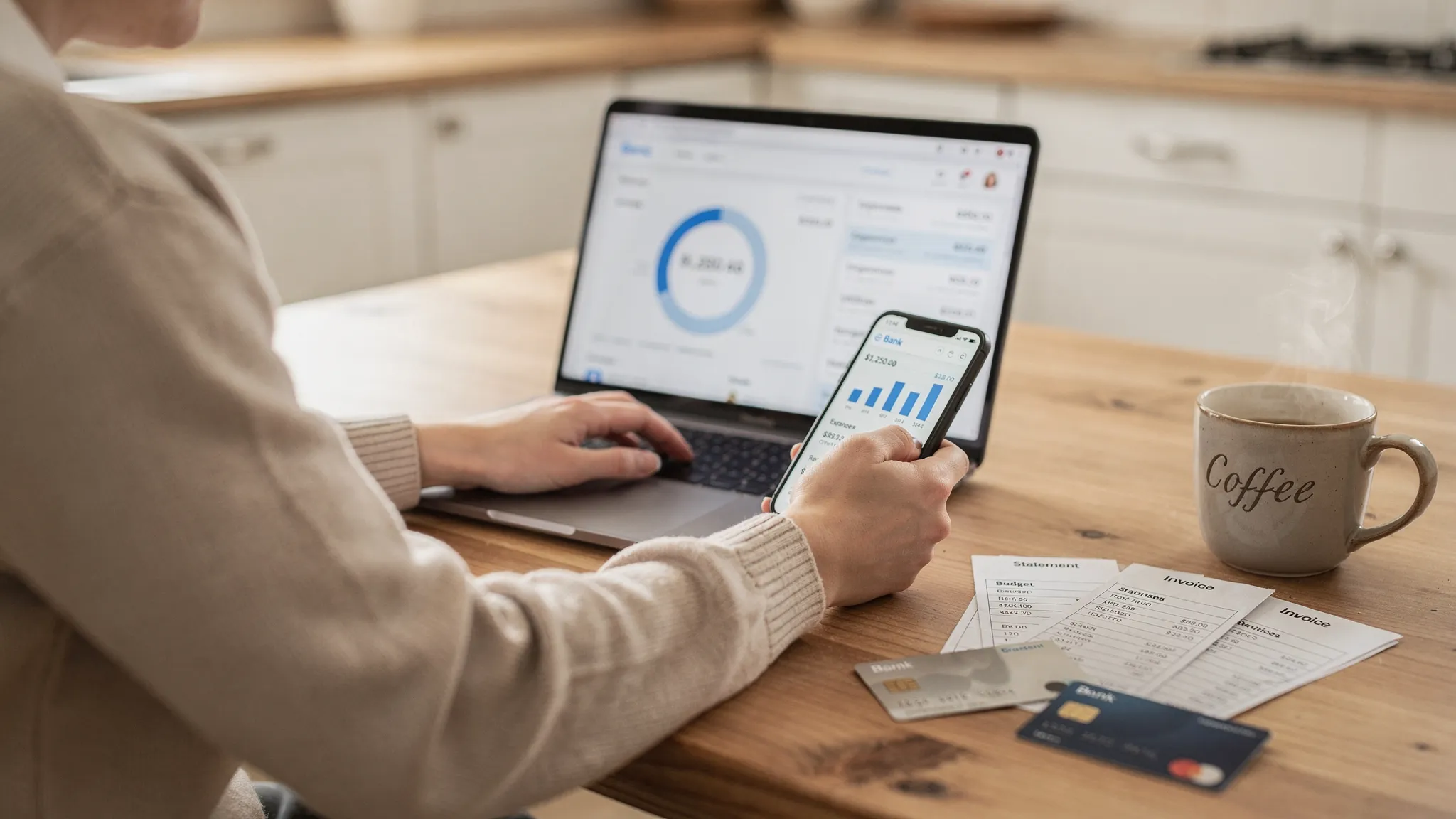 A person at a kitchen table using a personal finance app on a smartphone while a laptop sits open nearby, with a few bills, a debit card, and a coffee mug in view. Both device screens are facing the user at a natural angle and nothing is visible behind the laptop screen.