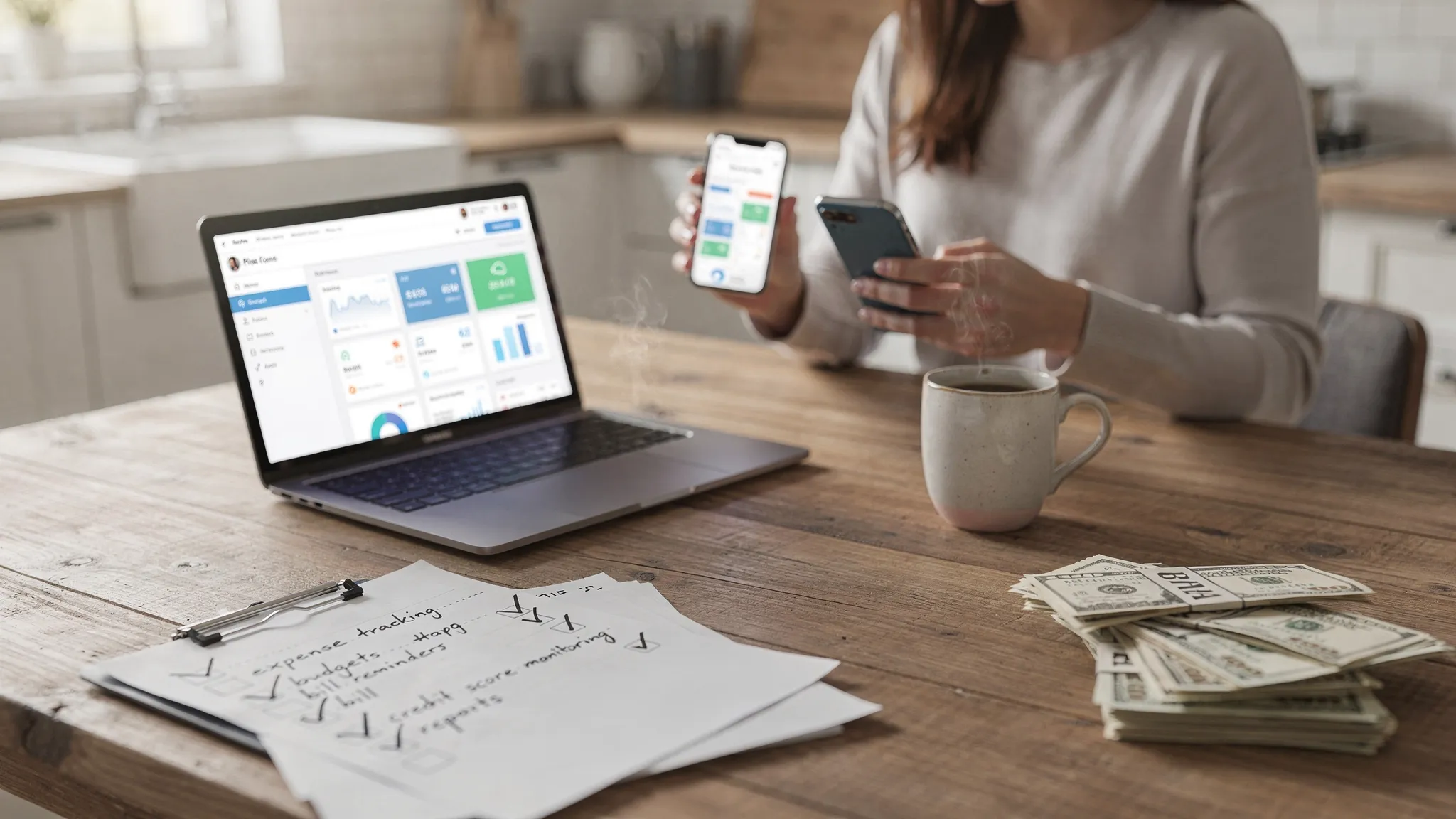 A person compares financial apps on a laptop and smartphone at a kitchen table, with a visible checklist that includes expense tracking, budgets, bill reminders, credit score monitoring, and reports. A coffee mug and a stack of paid bills sit beside the devices, suggesting successful money organization.