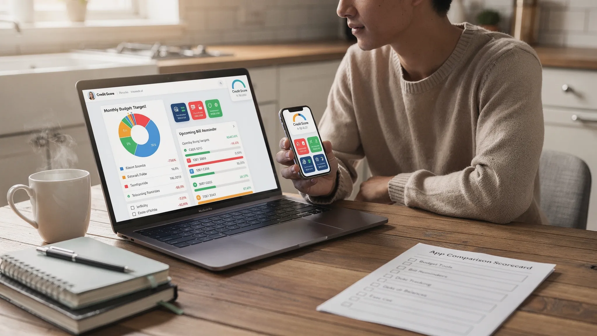 A person compares three personal finance apps on a phone and laptop at a kitchen table, reviewing a dashboard with categorized expenses, monthly budget targets, bill reminders, debt balances, and a credit score widget. Natural morning light, coffee mug, neat notebooks, and a simple scorecard checklist visible beside the devices.