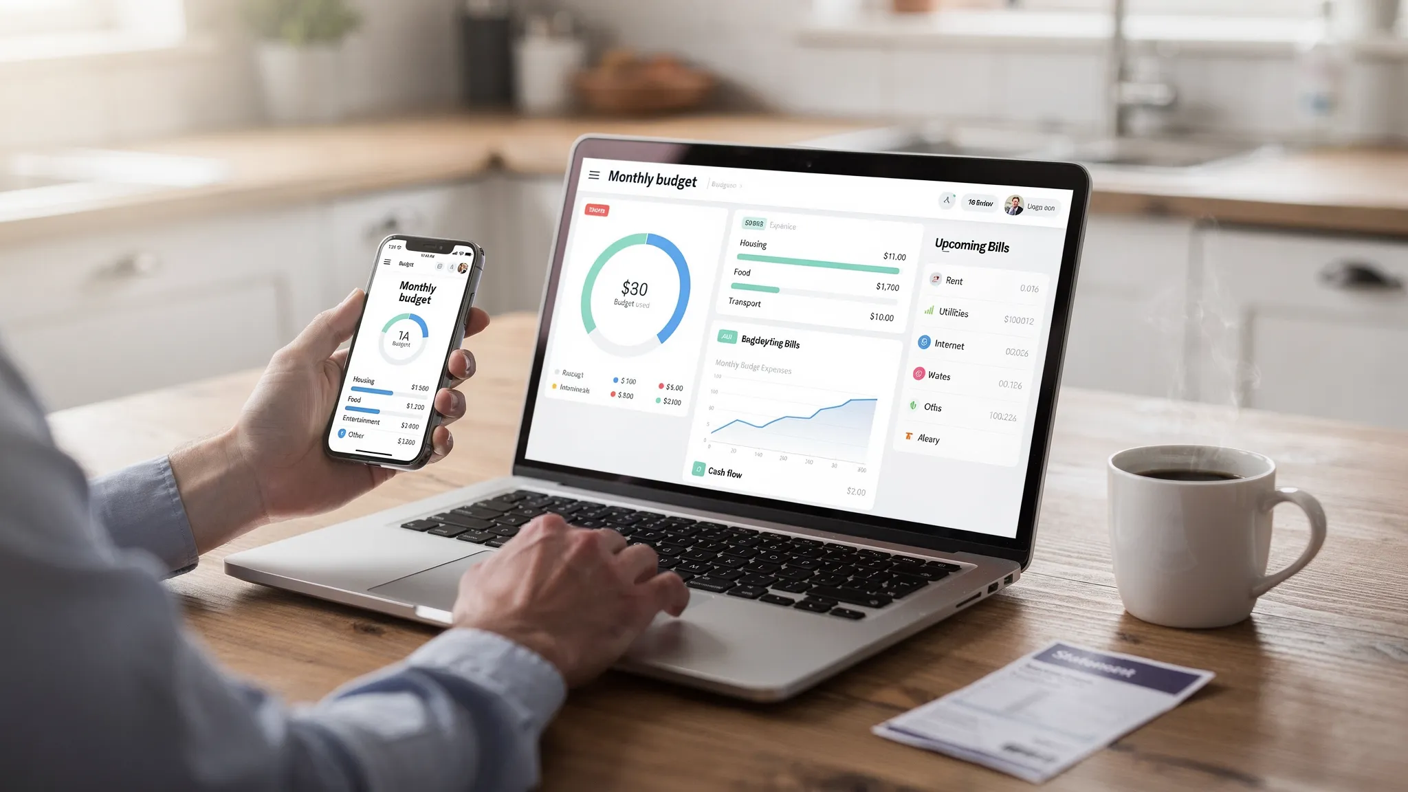 A person reviews a personal finance dashboard on a smartphone and laptop at a kitchen table, showing categorized expenses, monthly budget progress bars, upcoming bills, and a simple cash flow chart. The phone and laptop screens face the user in a realistic orientation, with a coffee mug and a paper bill nearby.