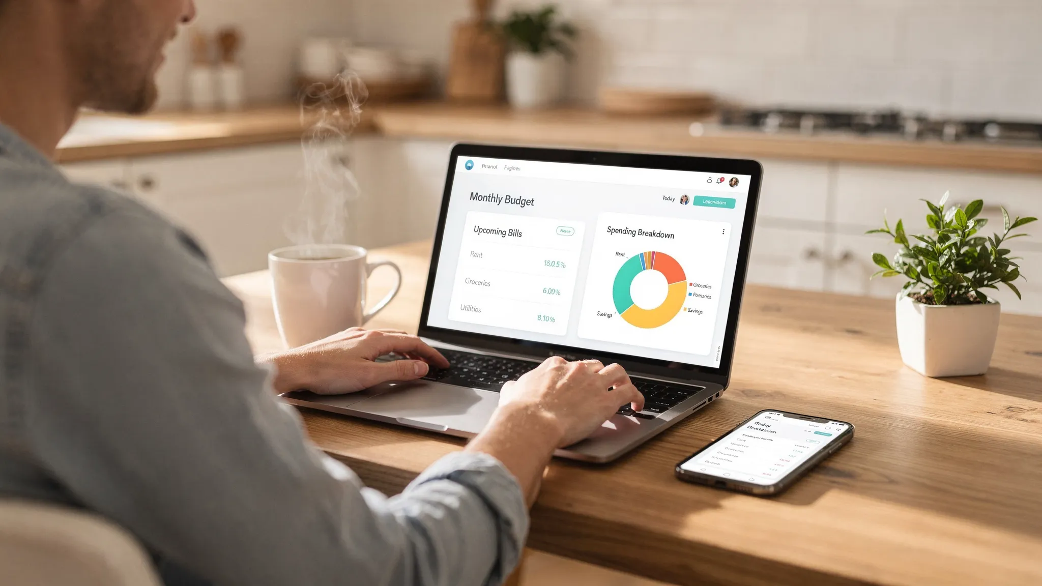 A person sitting at a tidy kitchen table with a laptop and phone open to a clean personal finance dashboard that shows monthly budget categories, upcoming bills, and a simple pie chart of spending. Morning light, a coffee mug, and a small plant create a calm atmosphere.
