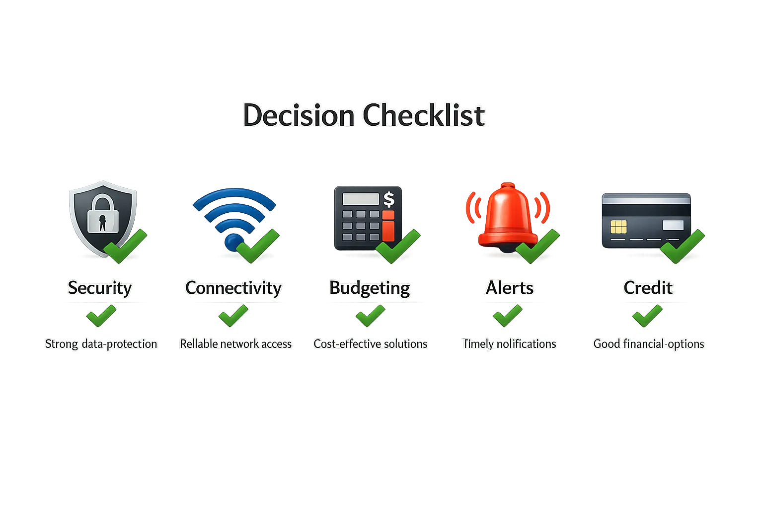 A simple decision checklist graphic with five labeled icons in a row: Security, Connectivity, Budgeting, Alerts, Credit. Each icon has a green check mark and brief one line criteria below it.