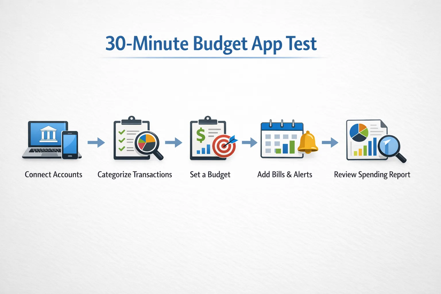 A simple flow diagram showing a 30-minute budget app test: connect accounts, categorize transactions, set a budget, add bills and alerts, review a spending report, with each step represented by a clean icon and short label.