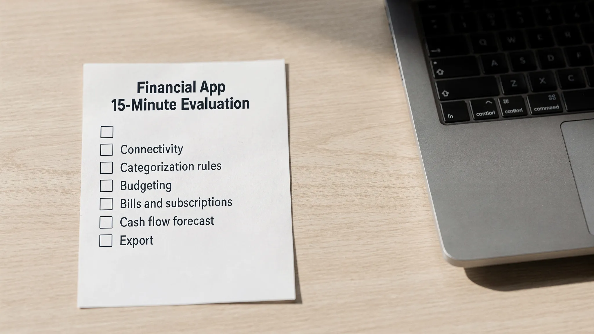 A simple one‑page printed checklist titled “Financial App 15‑Minute Evaluation,” with checkboxes for connectivity, categorization rules, budgeting, bills and subscriptions, cash flow forecast, and export, lying next to a laptop on a desk.