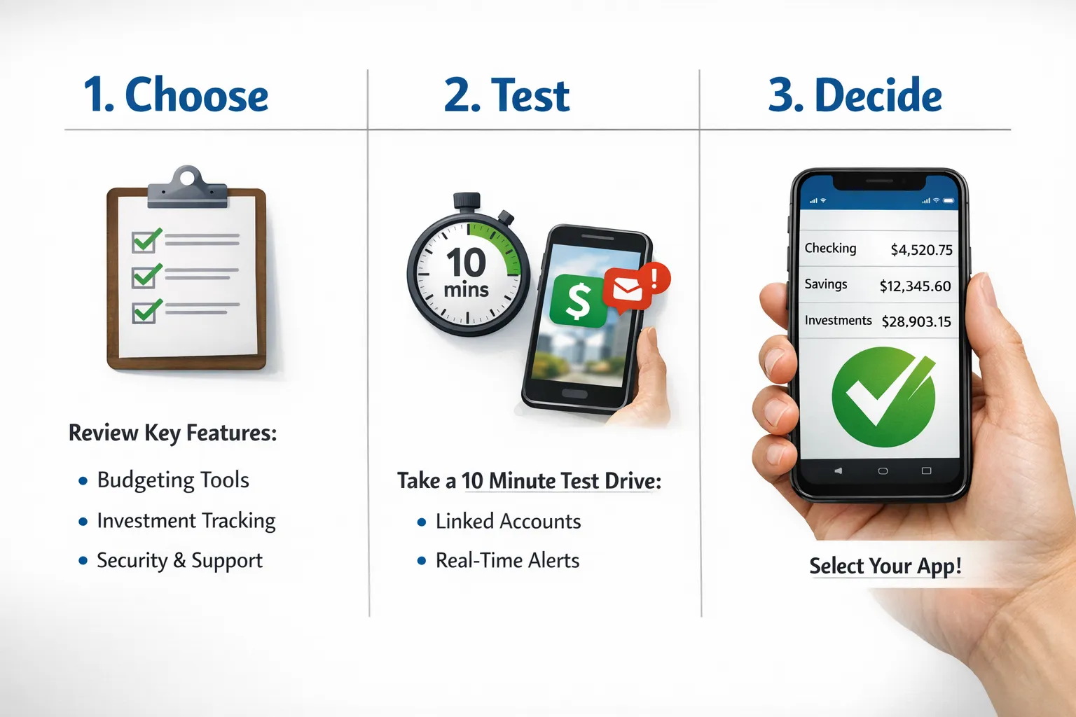 A simple three step visual checklist titled Choose, Test, Decide, showing a short list of key features, a 10 minute test drive with linked accounts and alerts, and a green checkmark for the selected financial app on a smartphone screen.