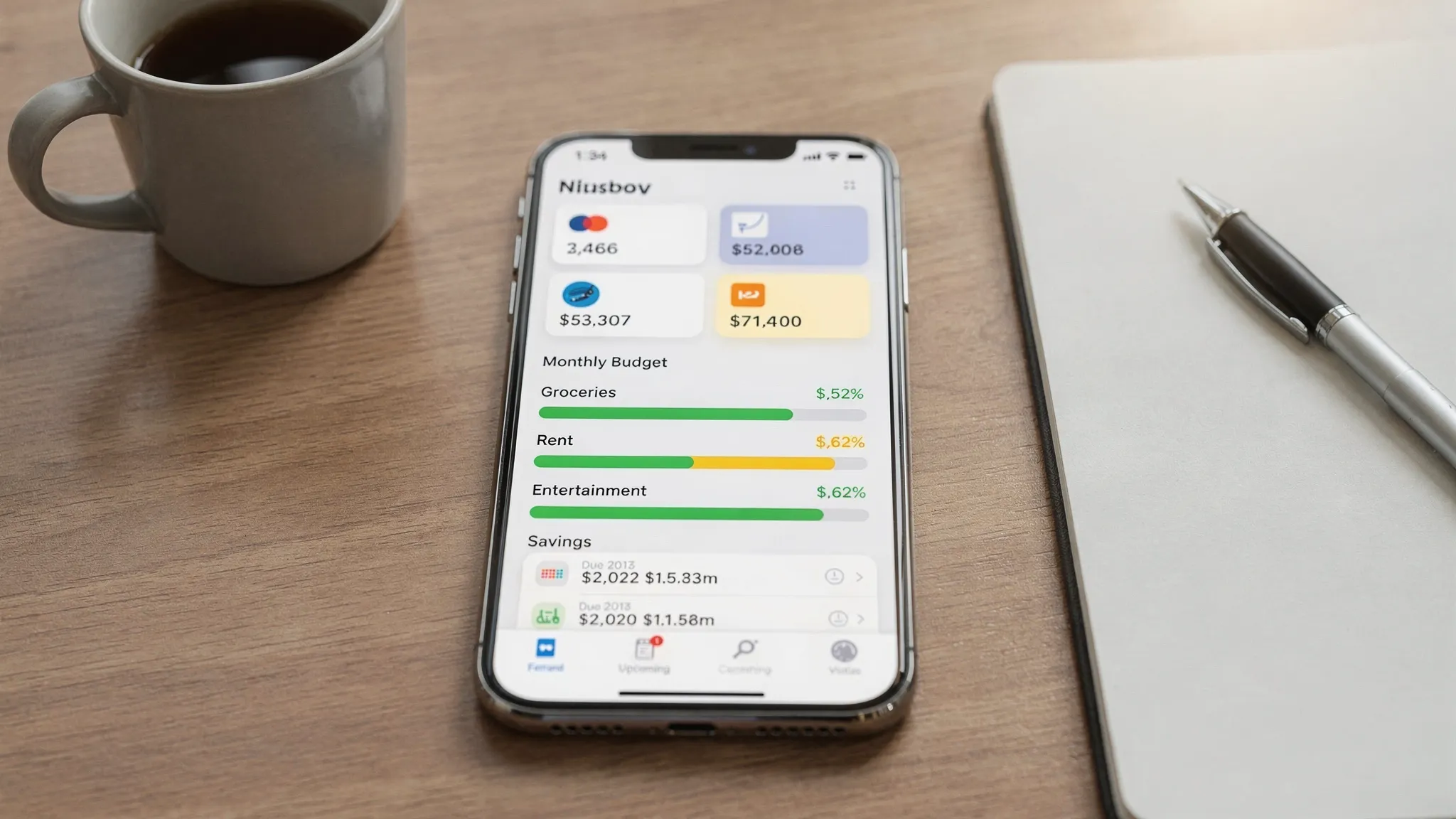 Personal Budget App Tips: Spend Less, Save More 2 A smartphone showing a personal finance dashboard with connected bank and credit accounts, a monthly budget by category with green and yellow progress bars, and upcoming bill reminders on a clean, modern interface. A coffee mug and notepad sit nearby on a wooden desk, suggesting a quick weekly money check-in.