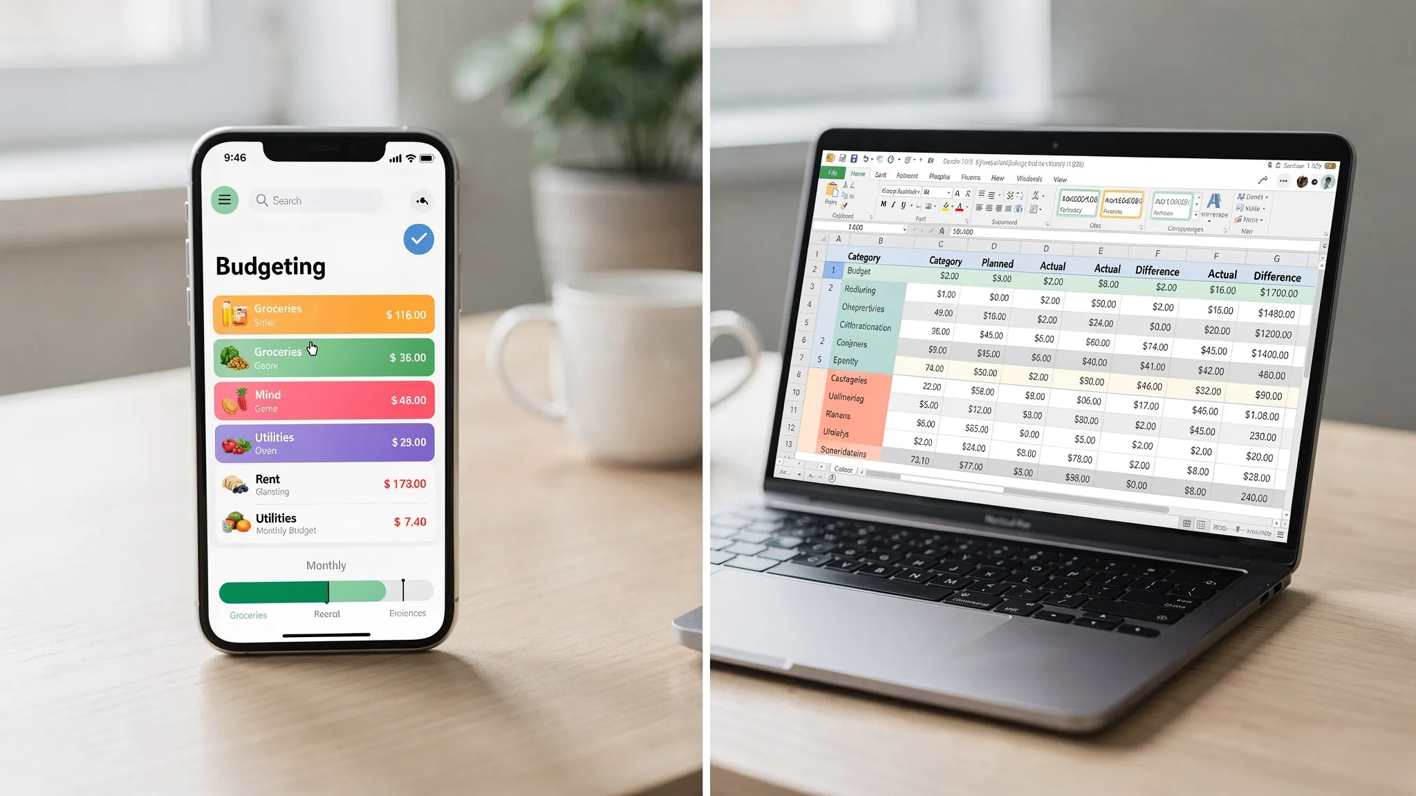 A split-screen comparison: on the left, a clean mobile budgeting app dashboard showing categorized expenses, alerts, and a monthly budget progress bar; on the right, a laptop screen with a detailed spreadsheet including categories, formulas, and a monthly budget table. The setting is a bright home office with natural light and a coffee mug nearby.