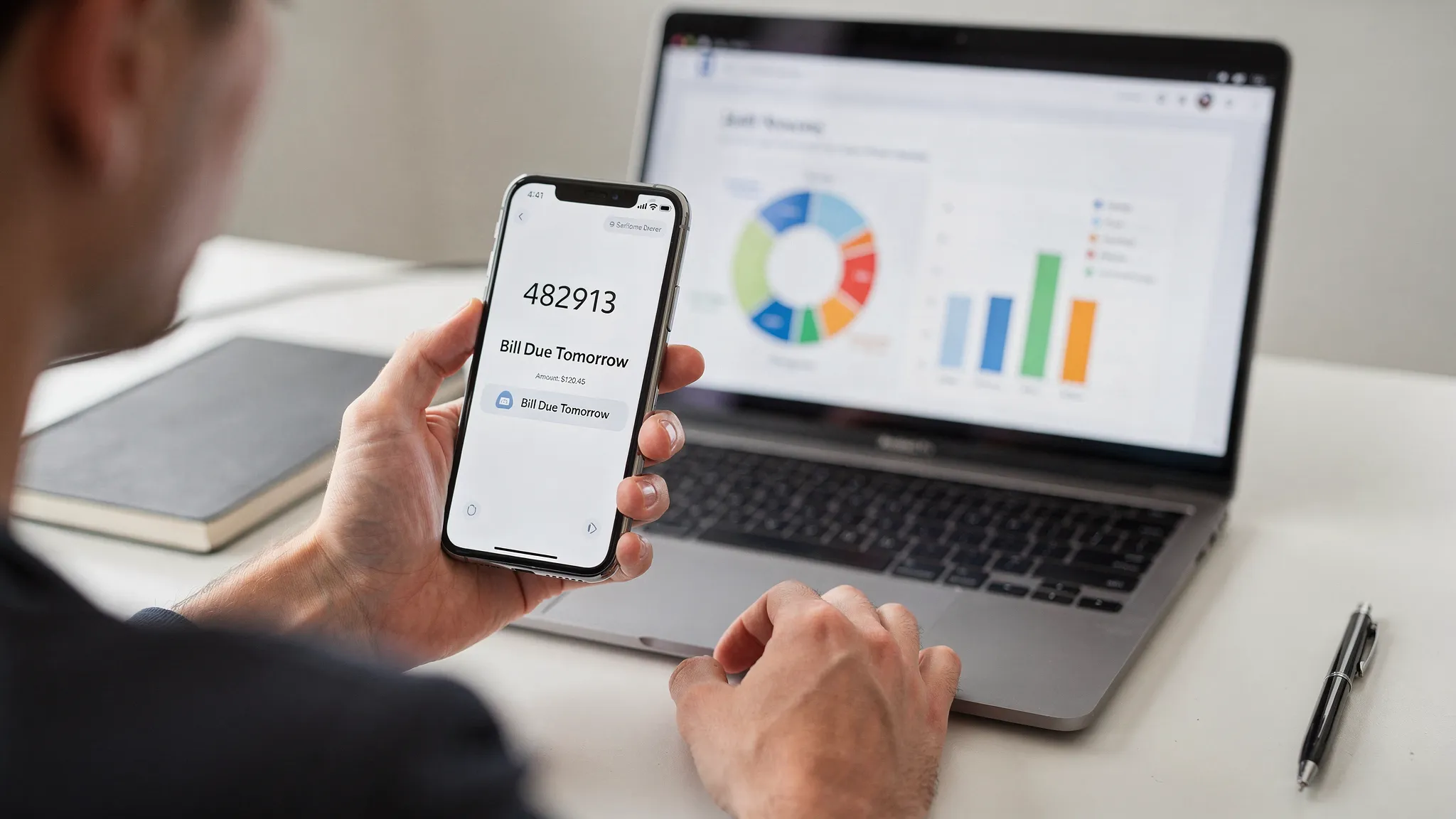 Close up of a person holding a smartphone showing a verification code and a bill due reminder notification, with a laptop on a desk displaying a monthly budget chart, both screens oriented correctly toward the user, no content visible behind the laptop screen.