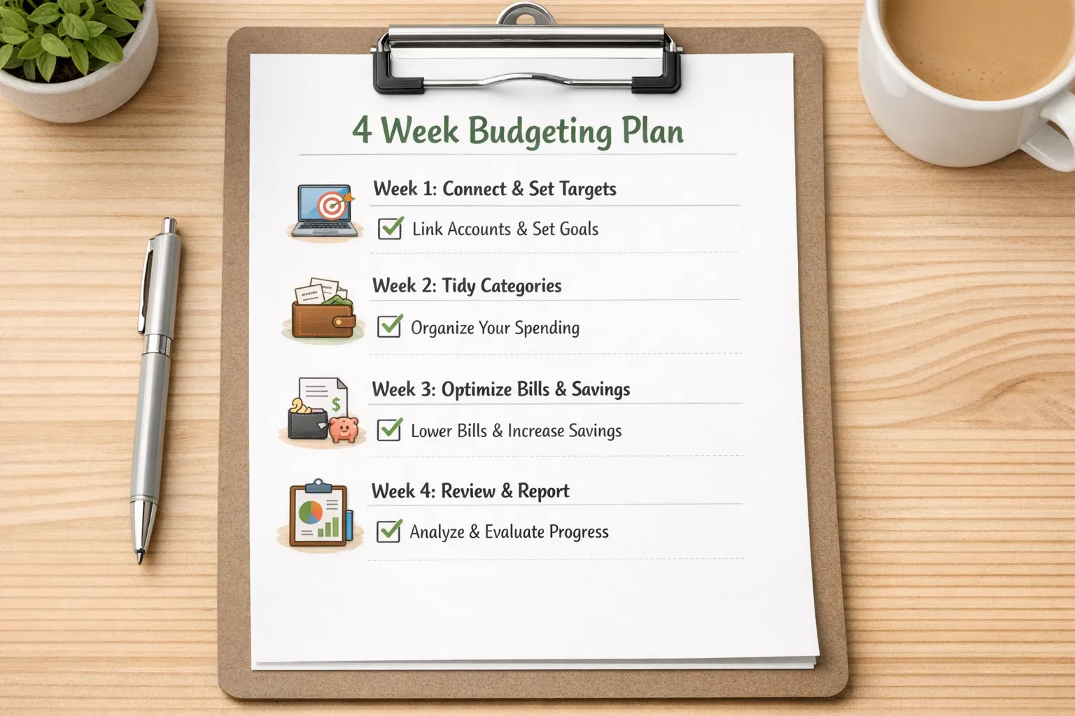 Simple visual checklist showing a four week budgeting plan, week 1 connect and set targets, week 2 tidy categories, week 3 optimize bills and savings, week 4 review report. Friendly icons and neutral colors.
