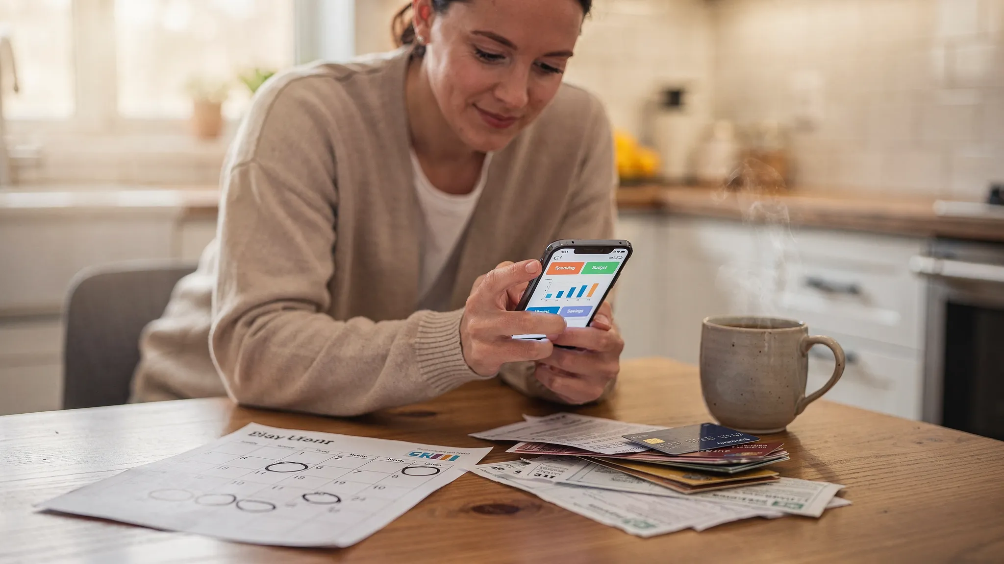 A busy person sitting at a kitchen table with a coffee, quickly reviewing a simple personal finance dashboard on a phone while a paper calendar and a few bills sit nearby, conveying a fast weekly money check-in routine.