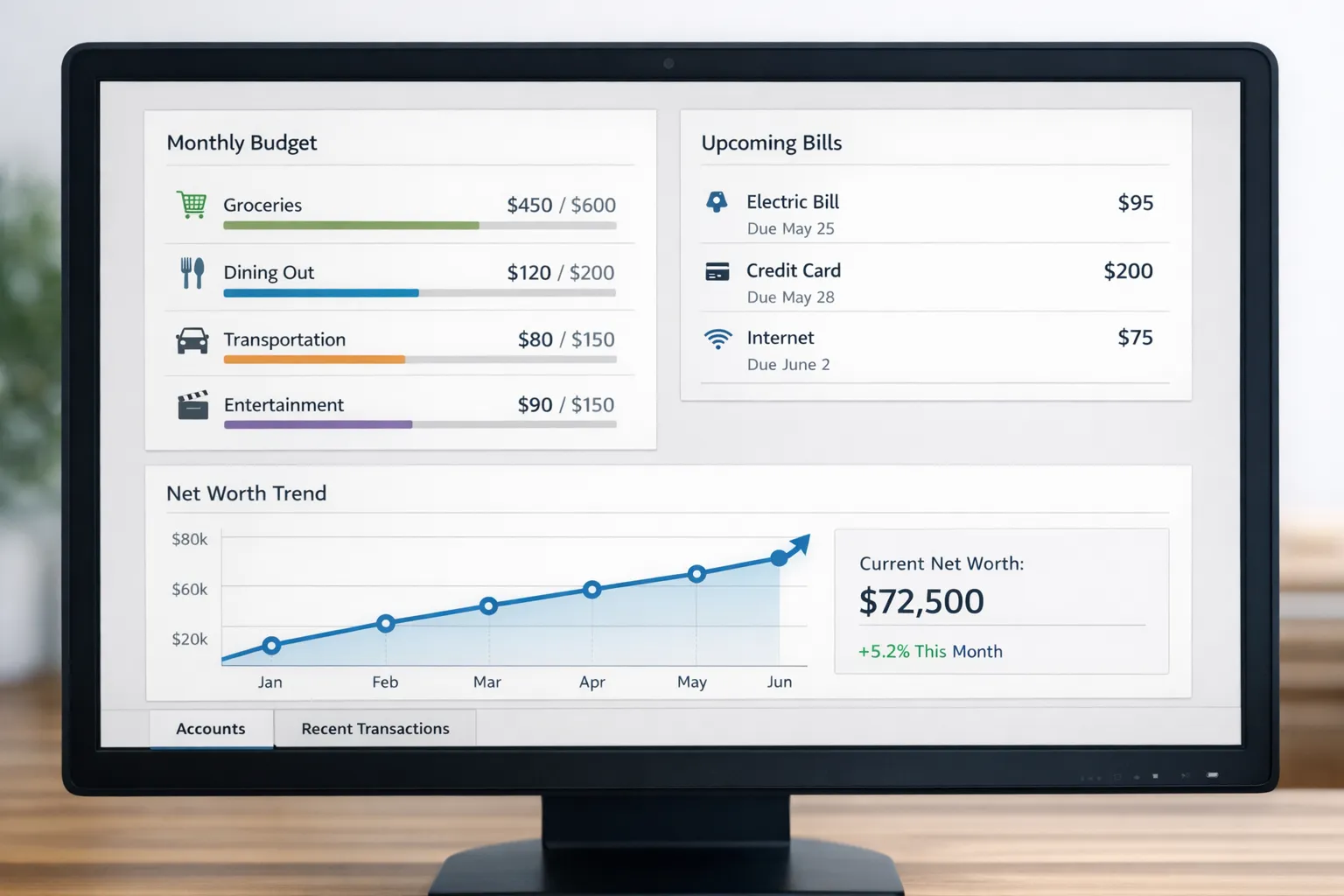A calm, organized personal finance dashboard concept showing simplified budget categories, upcoming bills, and a net worth trend line. The screen is clean with minimal widgets and clear labels, designed to communicate “not overwhelming.”