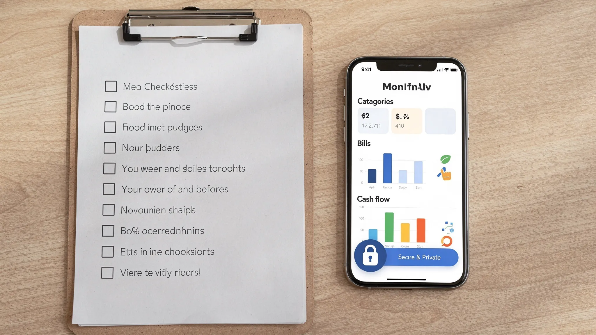 Free Budget App Checklist: Must-Have Features 2 A clean checklist on a clipboard next to a smartphone showing a simple monthly budget dashboard with categories, bills, and cash flow, plus a lock icon representing security and privacy.