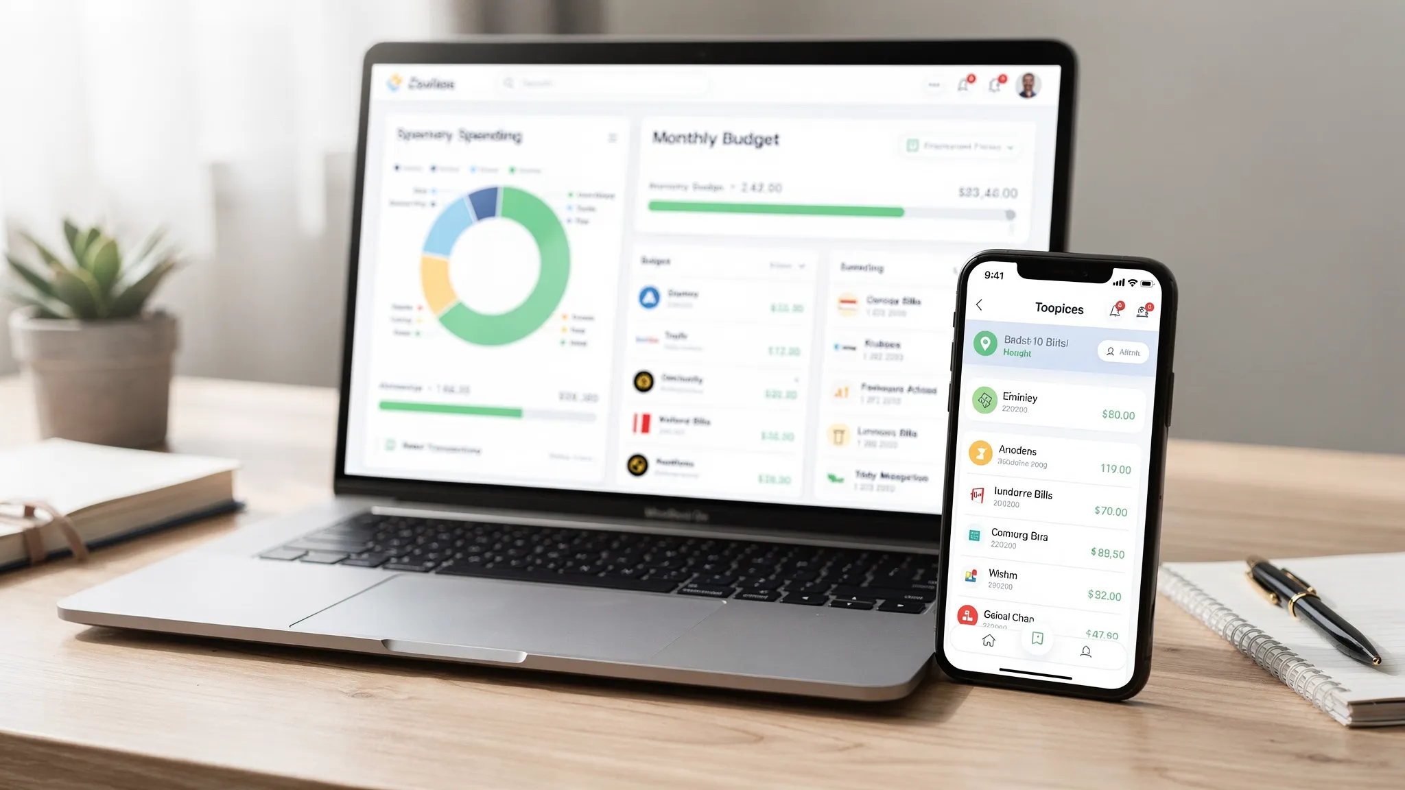 A clean, modern personal finance dashboard on a phone and laptop showing categorized spending, a monthly budget progress bar, recent transactions, and a few alert badges for bills and budget thresholds.