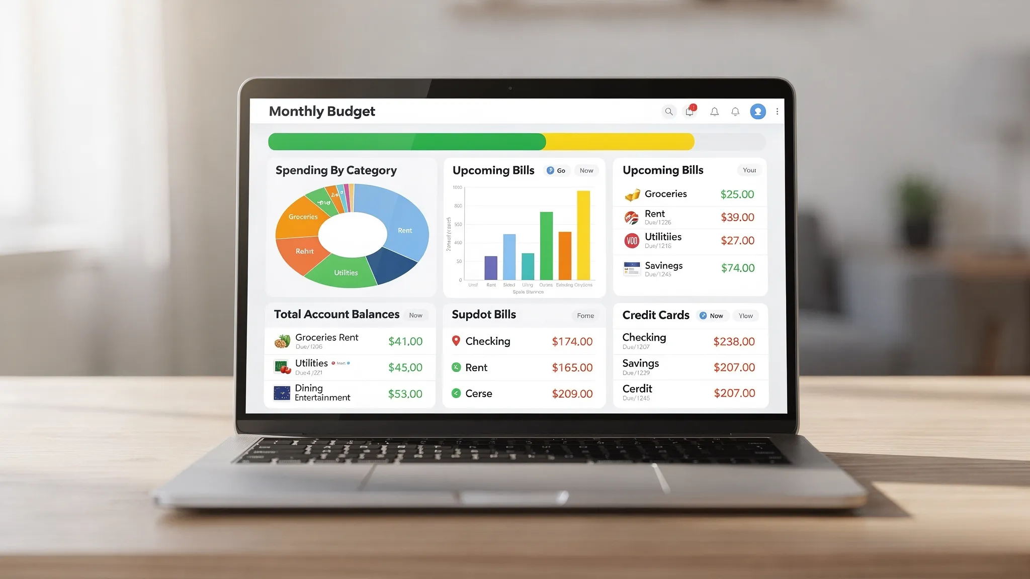 A clean, modern personal finance dashboard showing charts for spending by category, upcoming bills, account balances, and a monthly budget progress bar, displayed on a laptop screen facing the viewer.