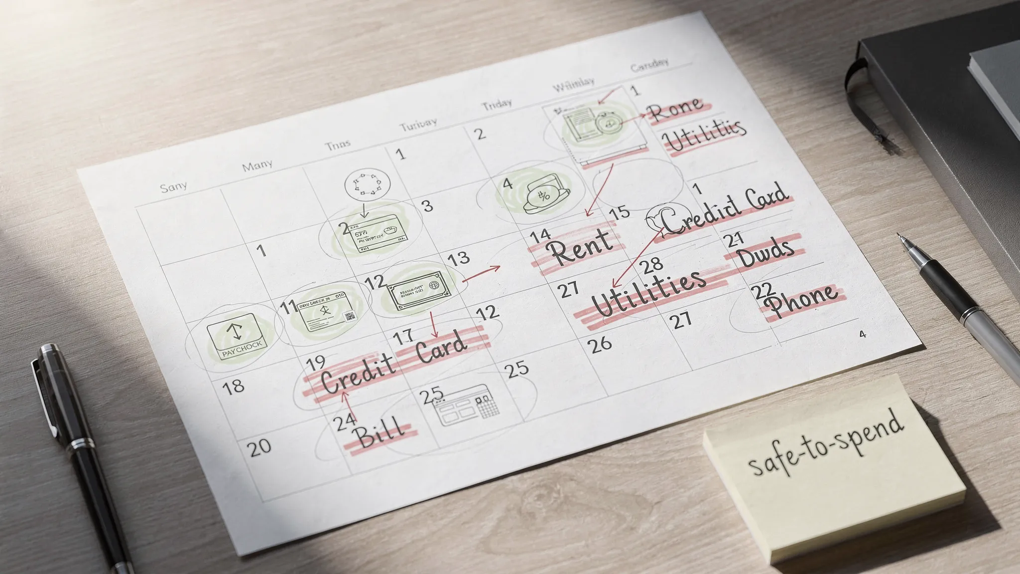 A clean monthly calendar view with highlighted paycheck dates and labeled bill due dates (rent, utilities, credit card, phone) plus a simple “safe-to-spend” note in the corner.