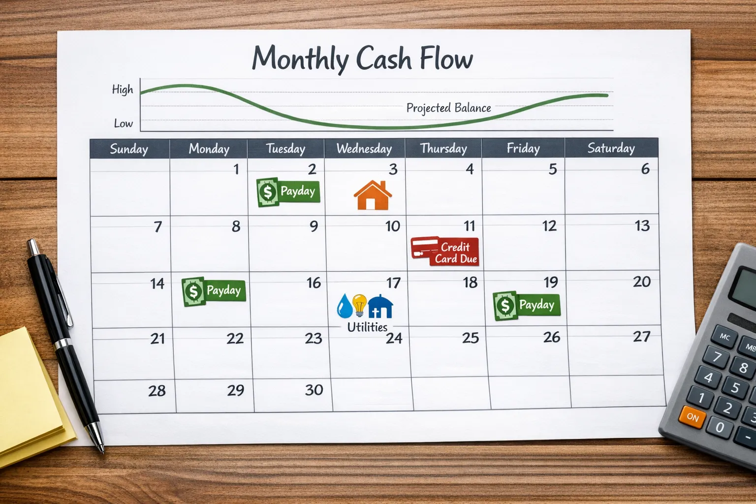 A clean monthly cash flow calendar view showing paydays, rent, credit card due dates, and utilities, with a simple “projected balance” line for the month.