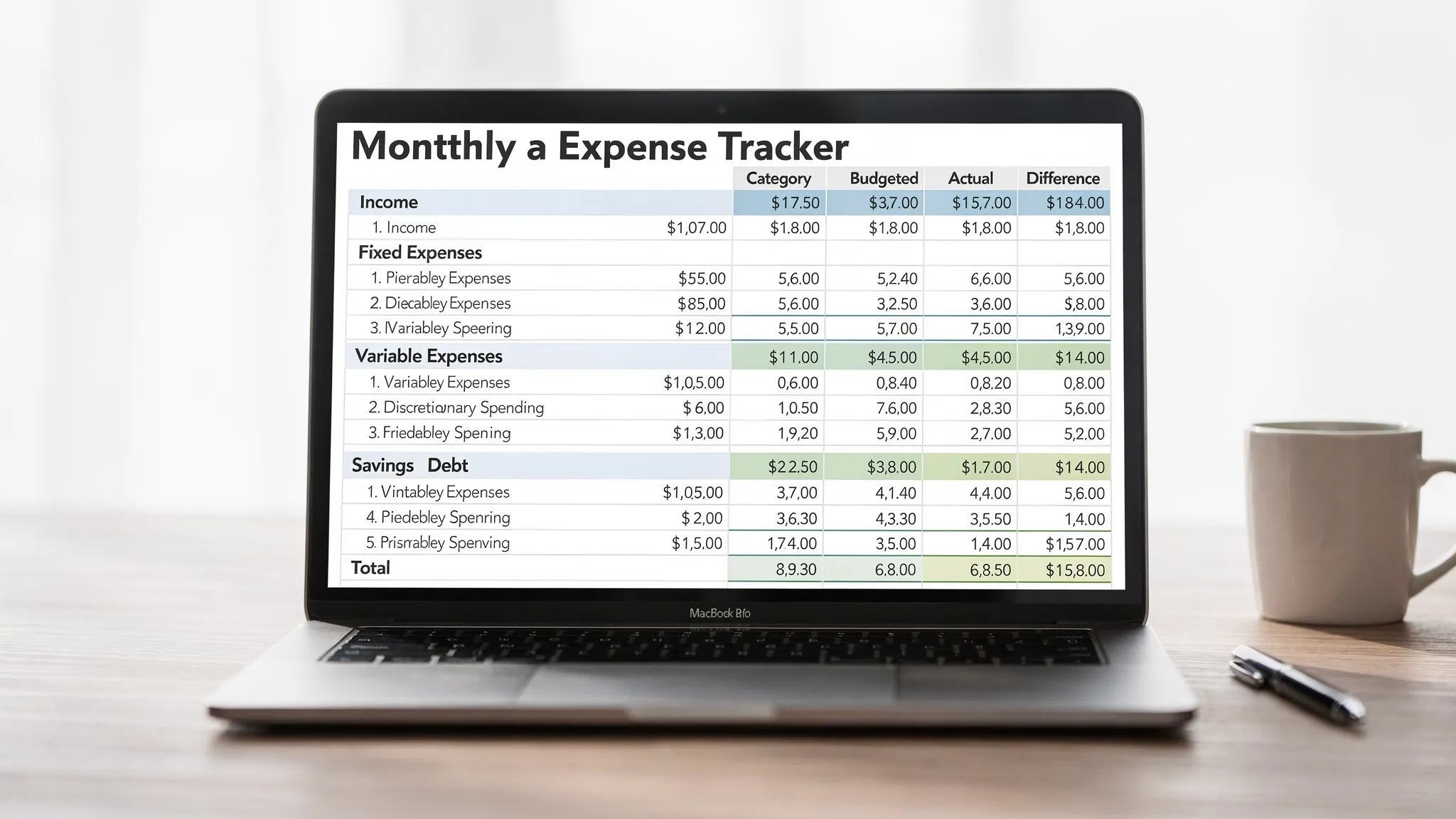 A clean monthly expense tracker spreadsheet layout showing sections for income, fixed expenses, variable expenses, discretionary spending, savings and debt, with columns for budgeted vs actual and a totals row.