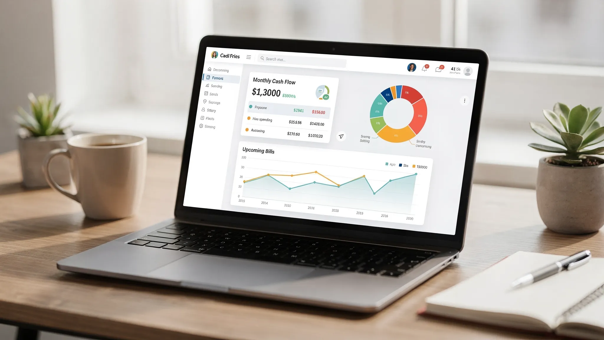 Money Patrol: What It Is and Why It’s Free 2 A clean personal finance dashboard showing a monthly cash flow summary, category spending chart, upcoming bills list, and net worth trend line on a laptop screen, with no readable brand names on the screen.