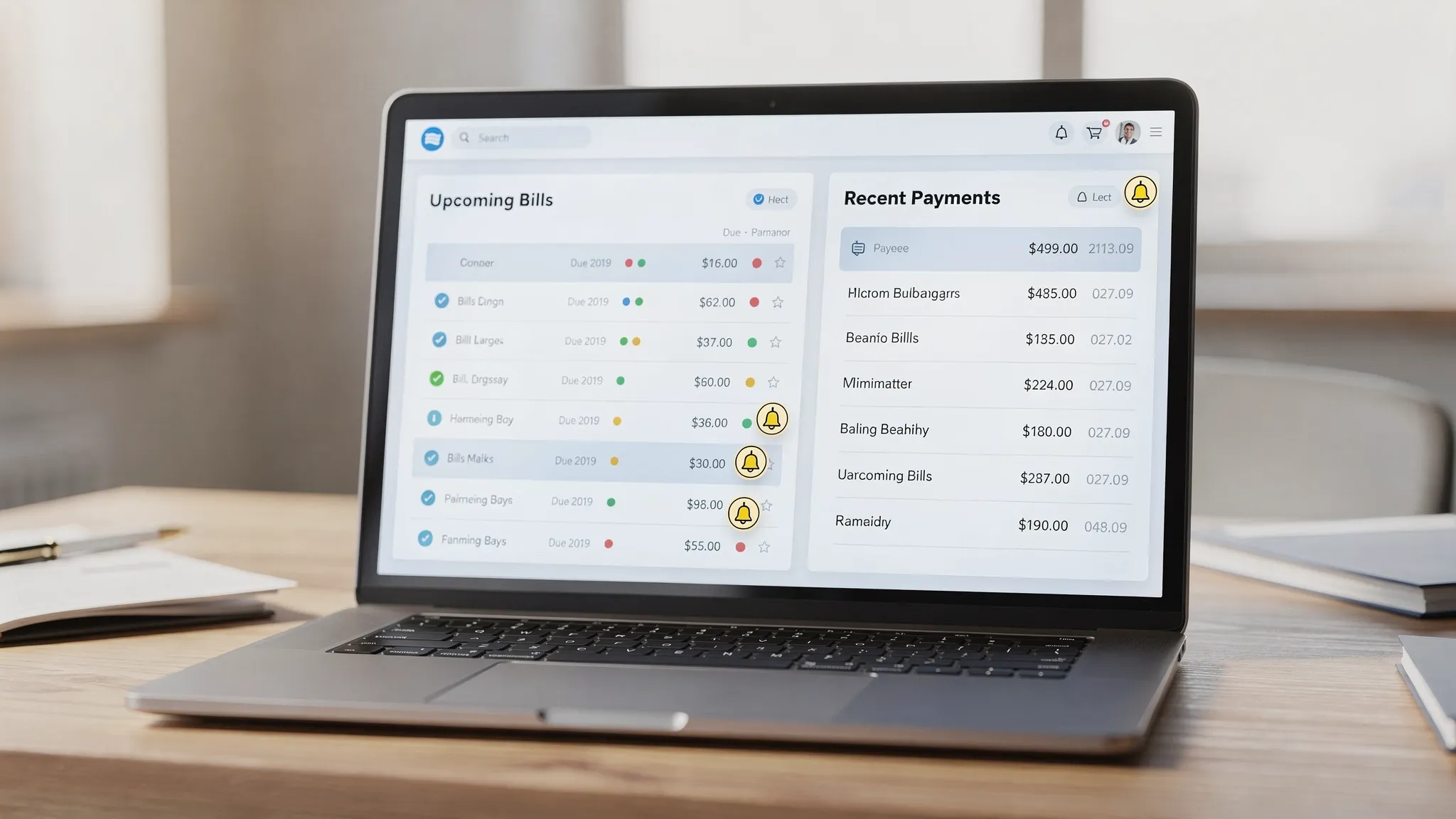A clean personal finance dashboard showing an “Upcoming Bills” panel with due dates, a “Recent Payments” panel, and alert icons indicating reminders set for multiple bills.