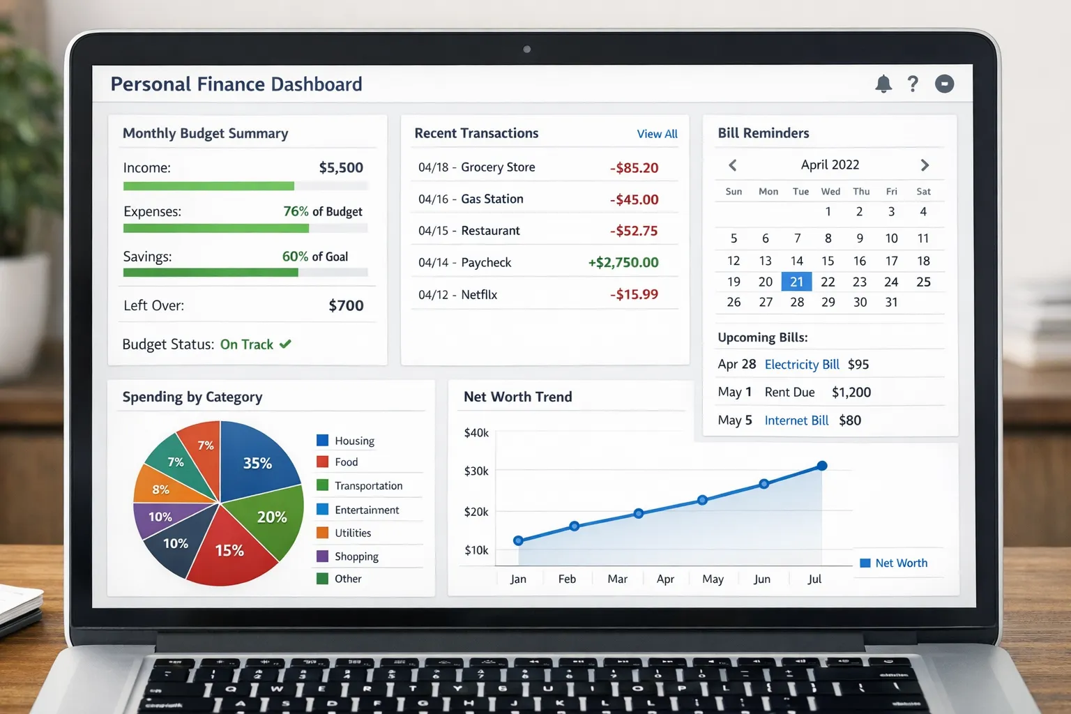 A clean personal finance dashboard view showing a monthly budget summary, recent transactions list, bill reminders calendar, and charts for spending by category and net worth trend.