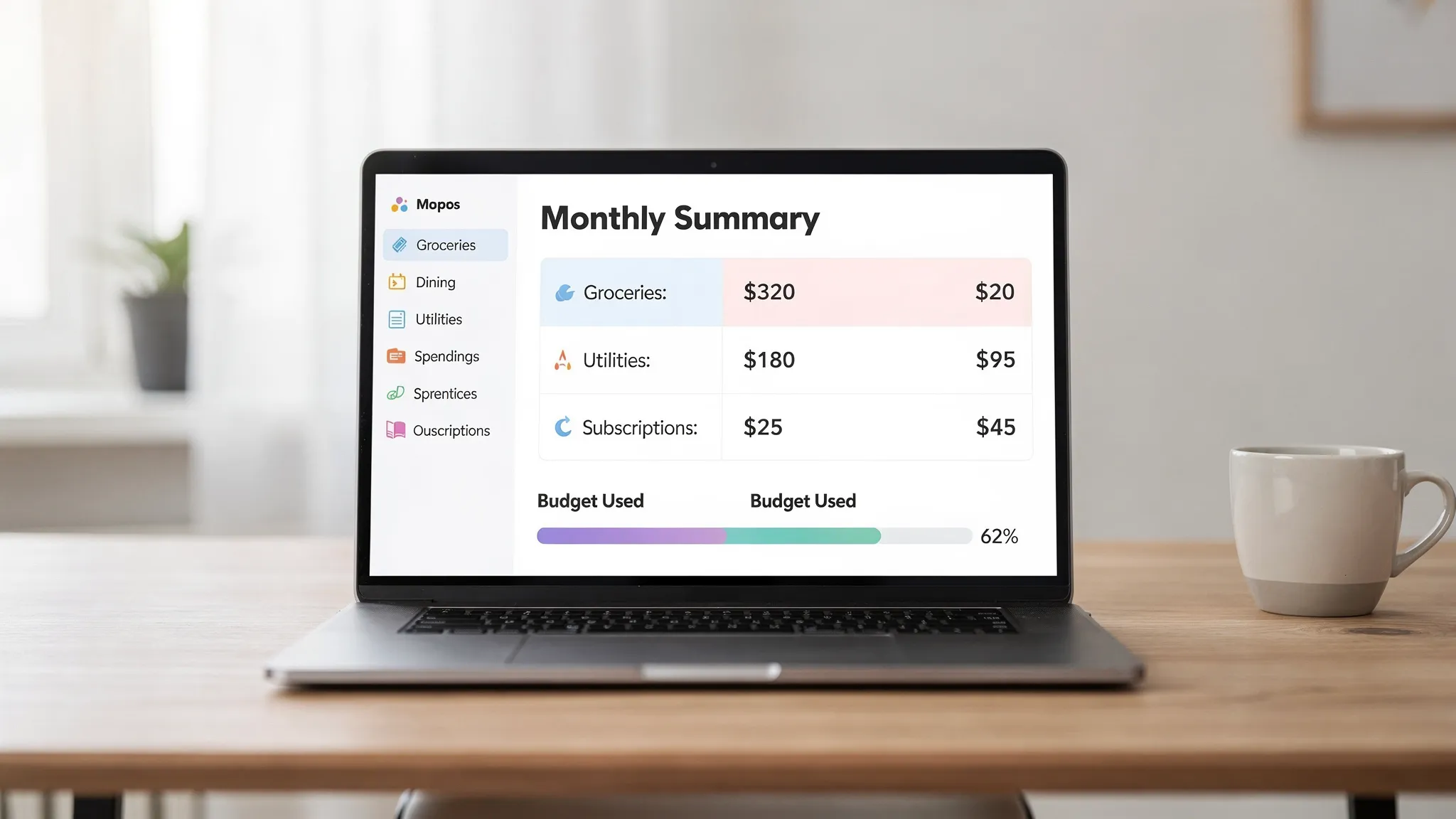 A clean personal finance dashboard view showing spending categories (groceries, dining, utilities, subscriptions), monthly totals, and a simple budget progress indicator, presented on a laptop screen facing the viewer.