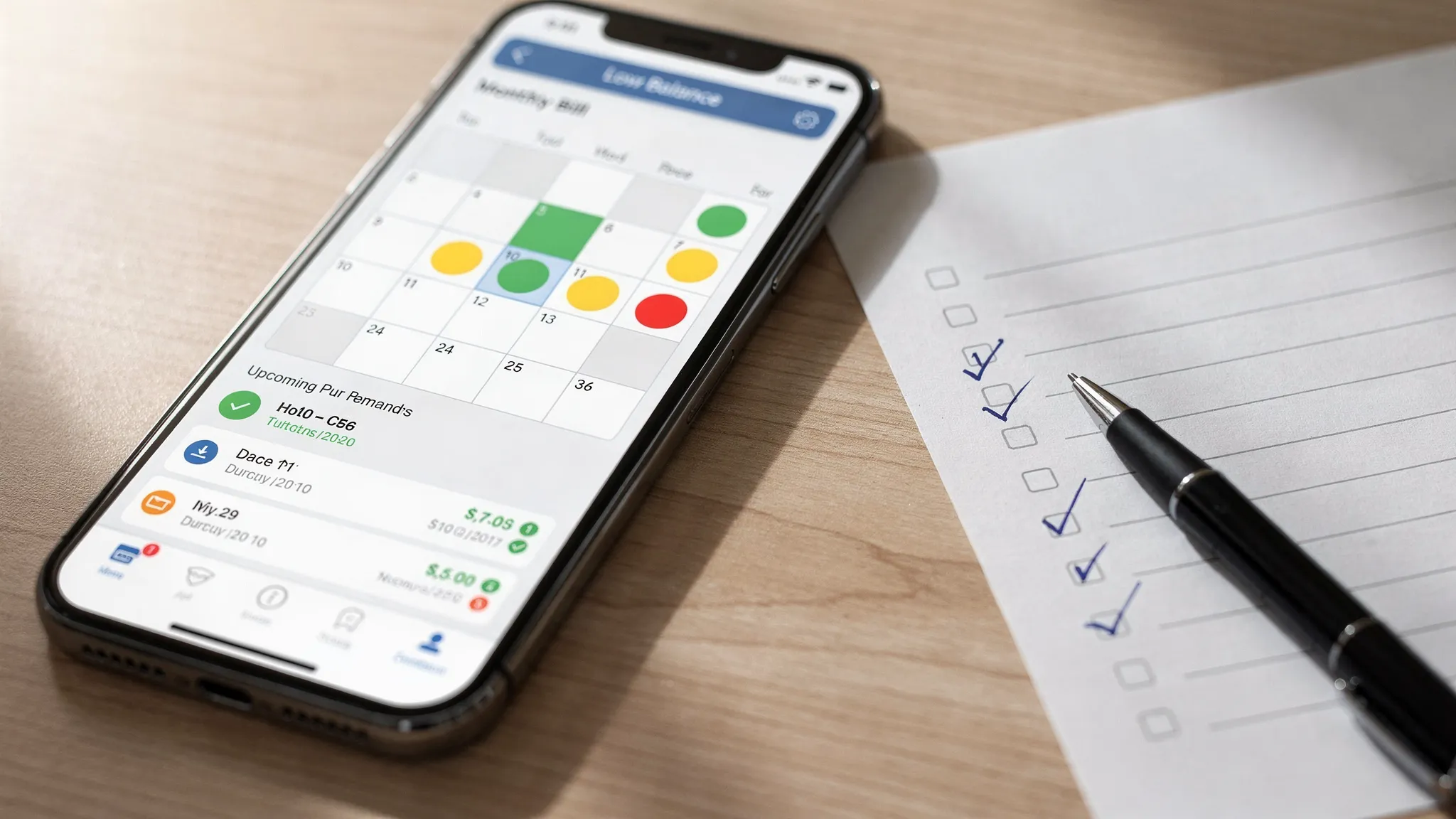 A close view of a smartphone showing a monthly bill calendar with color coded due dates, upcoming payment reminders, and a notification for a low balance alert, next to a paper checklist and a pen.