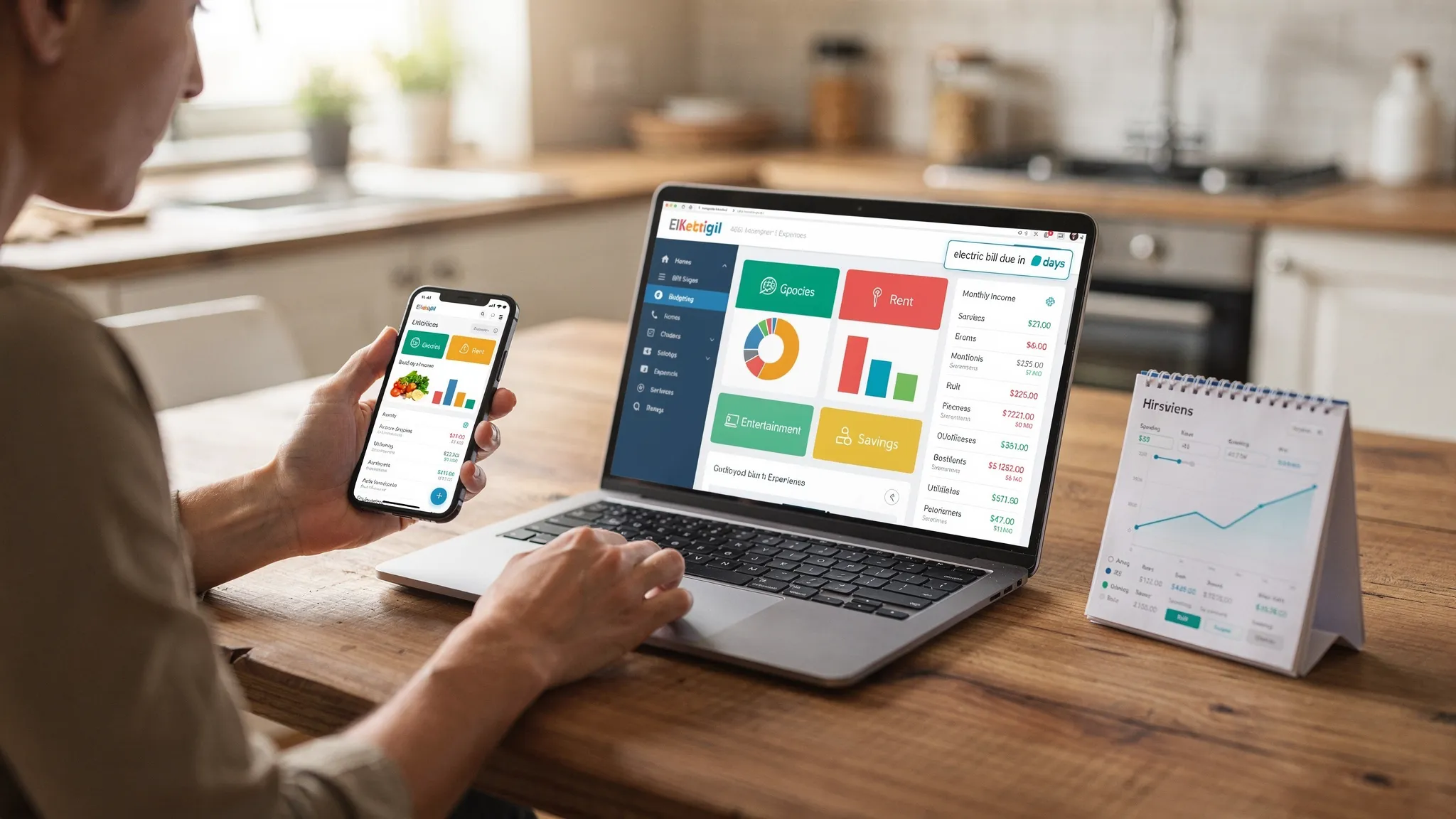 A person at a kitchen table compares several budgeting websites on a laptop and phone, with colorful budget categories, a calendar of upcoming bills, and an alert showing “electric bill due in 3 days.” Daylight, everyday home setting, realistic screens showing charts and spending trends.