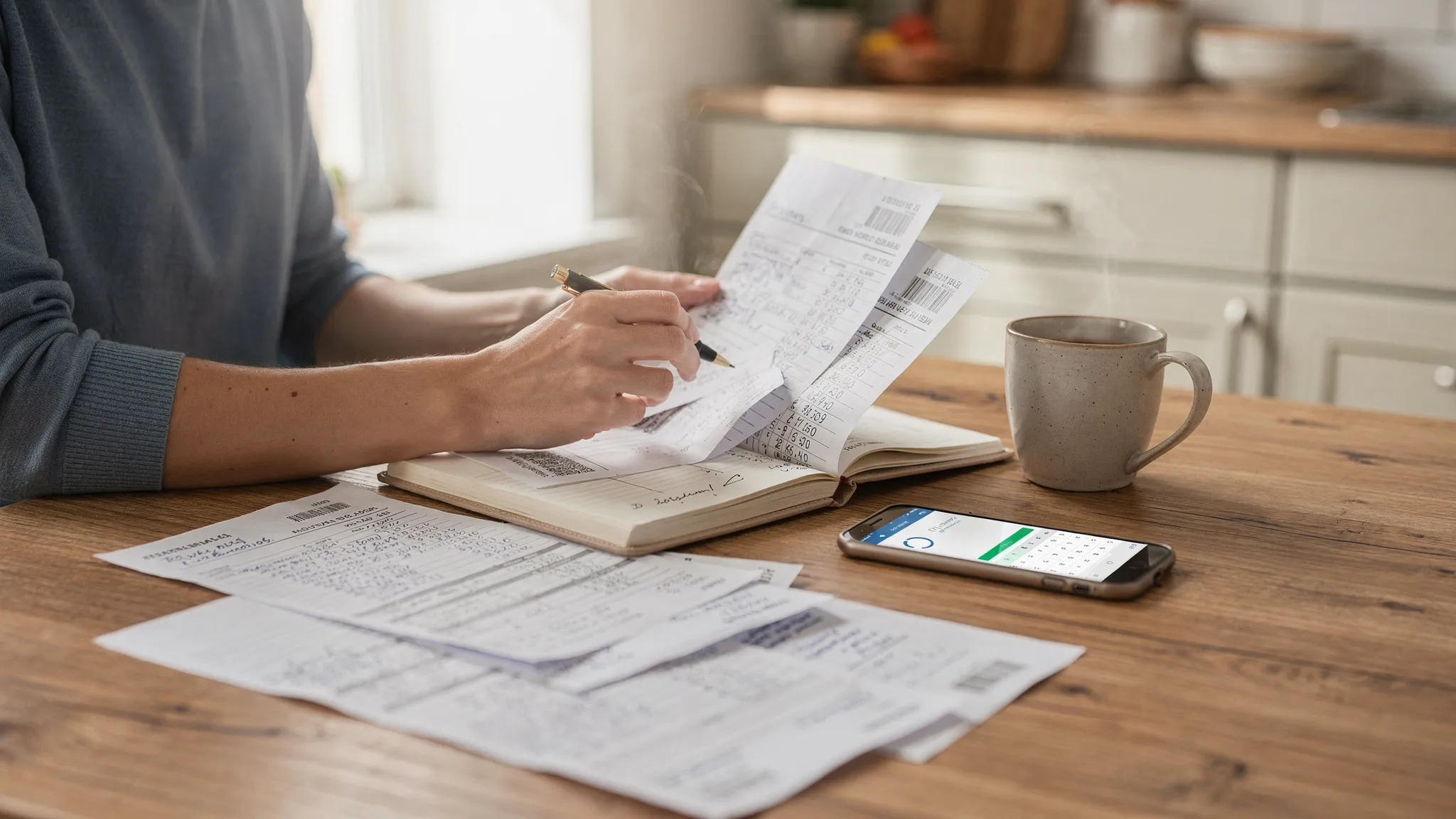 A person at a kitchen table reviewing a monthly budget plan with a notebook, printed bank statements, and a smartphone beside a coffee mug, suggesting a practical weekly budgeting routine.