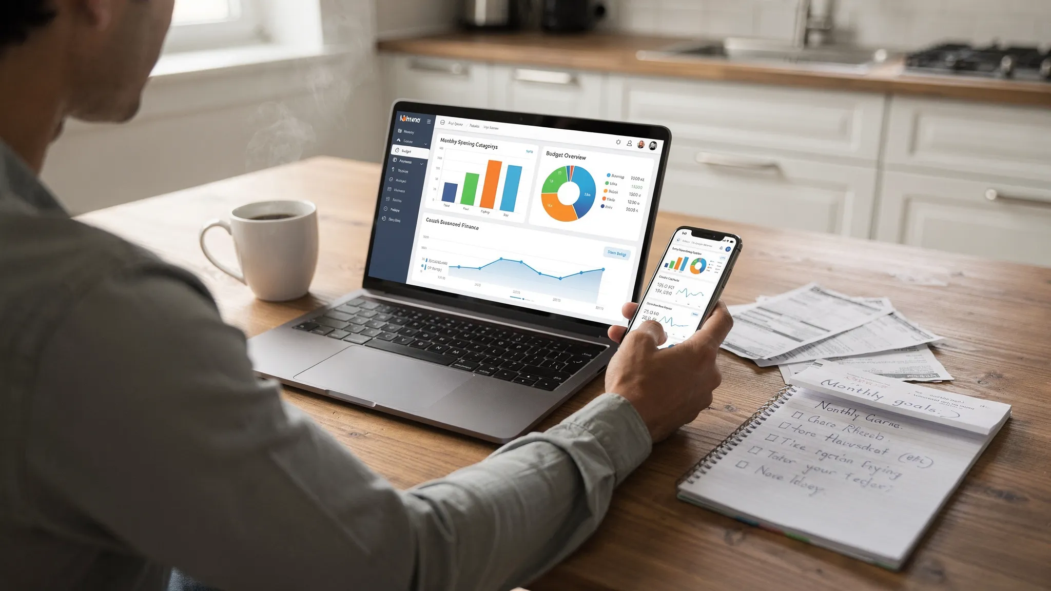 A person at a kitchen table reviewing a personal finance dashboard on a laptop and a phone, with a coffee mug, a few opened bills, and a notepad of monthly goals. The screens show charts for spending, budgets, and cash flow timelines.