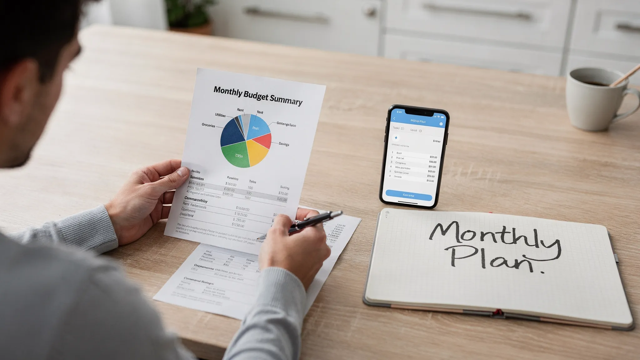 A person at a kitchen table reviewing a printed bill and a credit card statement beside a smartphone showing a budgeting app summary screen facing the viewer, with a notebook labeled “Monthly Plan.”