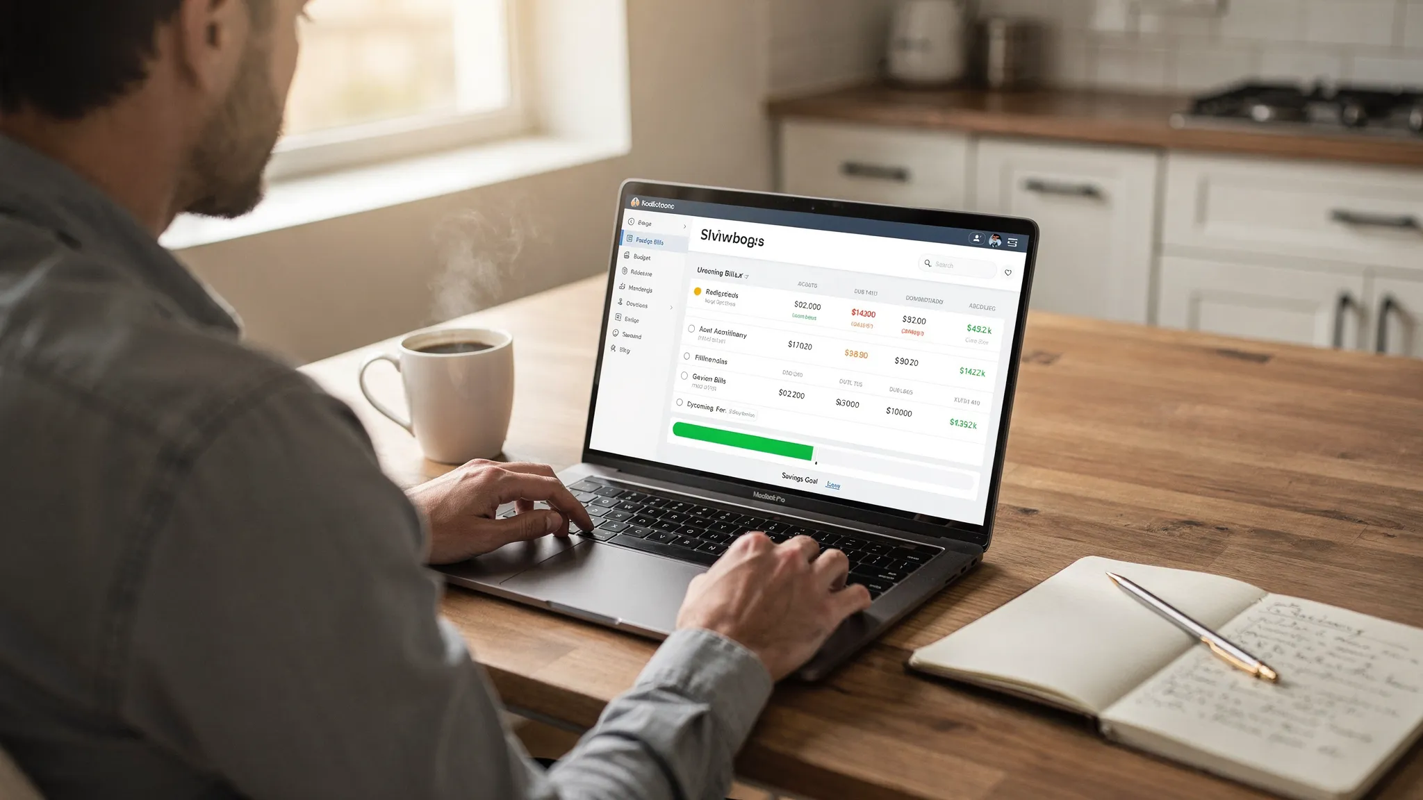 A person at a kitchen table reviewing a simple personal finance dashboard on a laptop with a notebook and a cup of coffee nearby, showing budget categories, upcoming bills, and a savings goal progress bar.