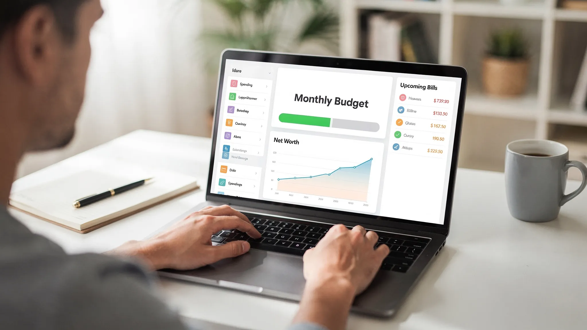 A person reviewing a personal finance dashboard on a laptop showing spending categories, a monthly budget progress bar, upcoming bill reminders, and a simple net worth chart on a clean interface.