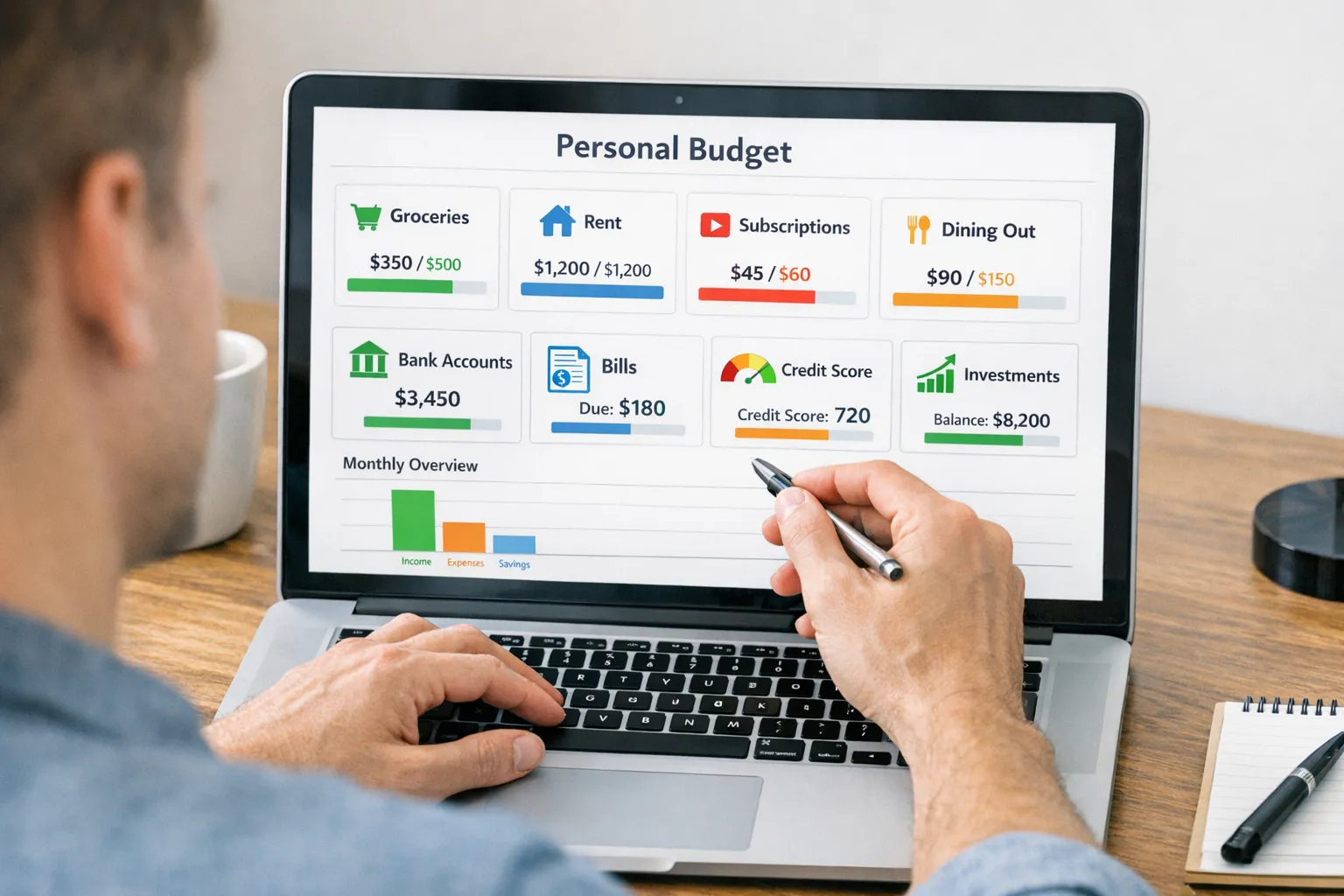 Personal Finance Apps Free: 2025 Favorites 2 A person reviewing a simple personal budget dashboard with categories like groceries, rent, and subscriptions, alongside icons representing bank accounts, bills, credit score, and investments, arranged in a clean, modern layout.