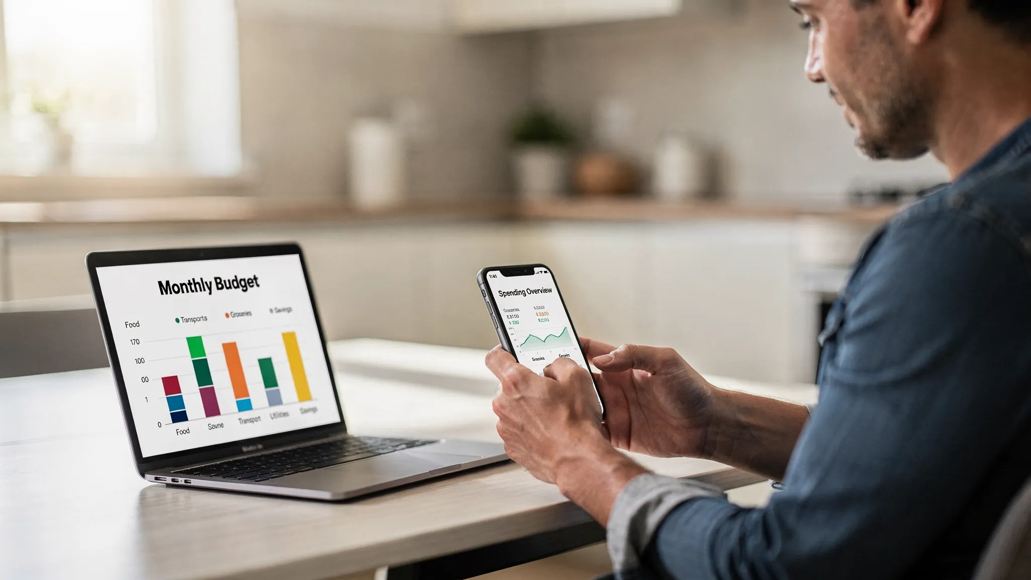 Application to Track Expenses: Setup Tips and Tricks 3 A person sitting at a kitchen table reviewing a budgeting app on a smartphone, with a laptop nearby showing a simple spending chart. The phone screen faces the viewer at a slight angle, and the laptop screen is visible but contains no readable brand names.