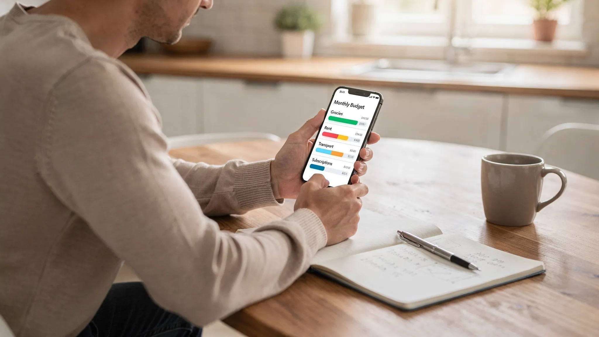 Good Budget Apps Free: What to Use in 2026 2 A person sitting at a kitchen table reviewing a monthly budget on a smartphone, with simple category charts for groceries, rent, transport, and subscriptions visible on the screen, and a notebook with a few expense notes beside it.