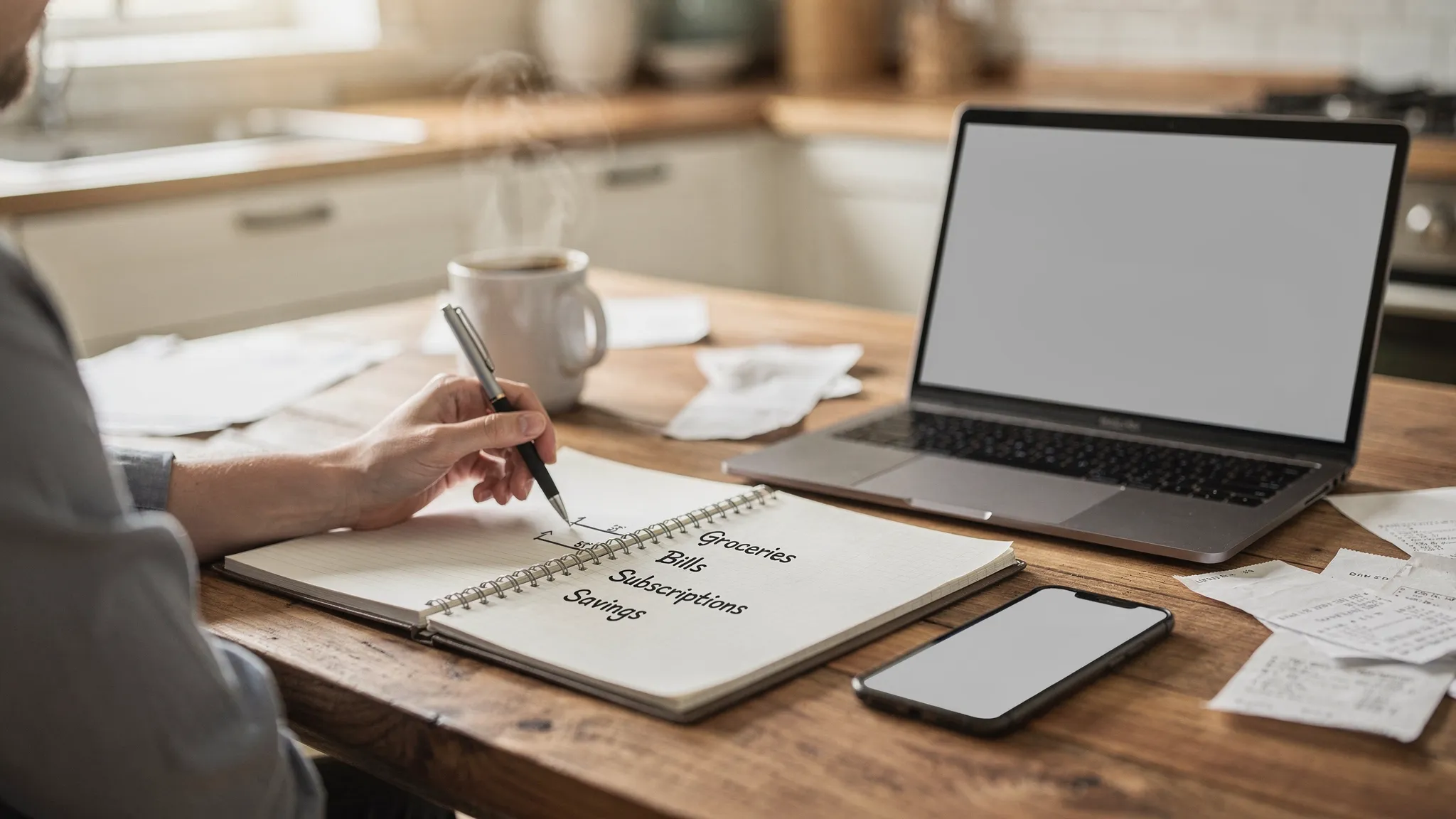 Good Free Budgeting Apps That Actually Work 2 A person sitting at a kitchen table with a notebook and coffee, reviewing a simple budget on a phone next to a laptop (screens facing the viewer, blank neutral screens), with visible labeled categories like Groceries, Bills, Subscriptions, and Savings written on paper.