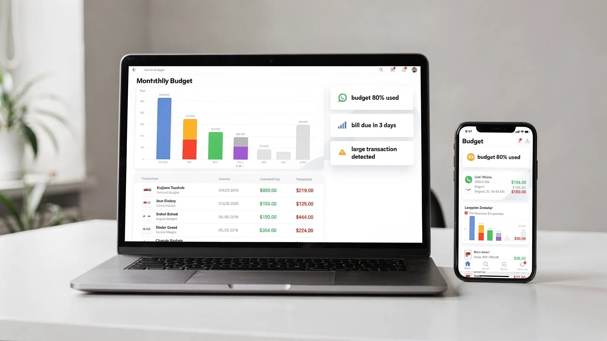 A personal finance app dashboard showing a monthly budget bar chart, a list of recent transactions, and three alert cards for “budget 80% used,” “bill due in 3 days,” and “large transaction detected,” displayed on a phone and laptop in a clean, realistic layout.
