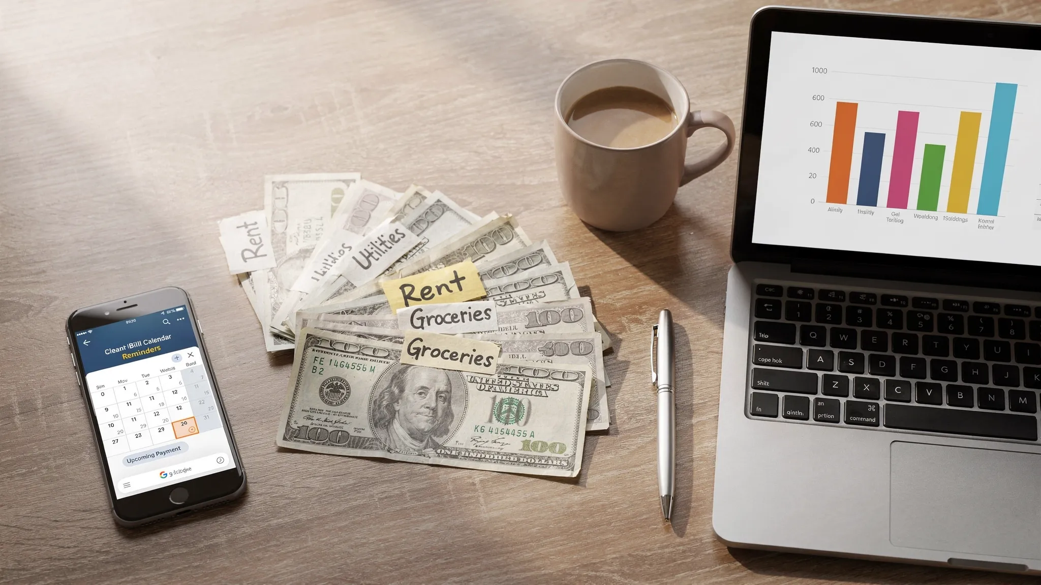 A side-by-side desktop scene showing a smartphone with a bill calendar reminder, a few labeled cash envelopes, and a laptop displaying a simple bar chart of monthly spending by category. The mood is calm and organized.