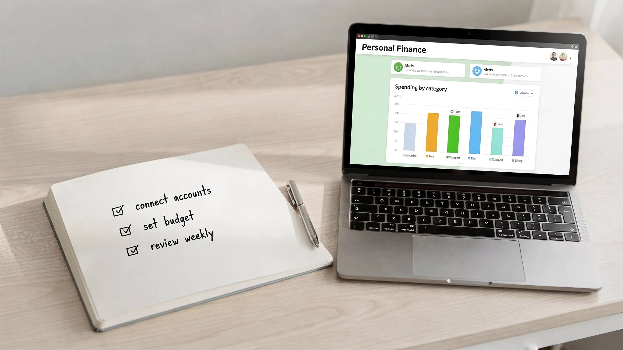 A simple, bright scene showing a weekly budget check‑in: a notebook with three steps, “connect accounts, set budget, review weekly,” next to a laptop showing a personal finance dashboard with alerts and a bar chart of spending by category.