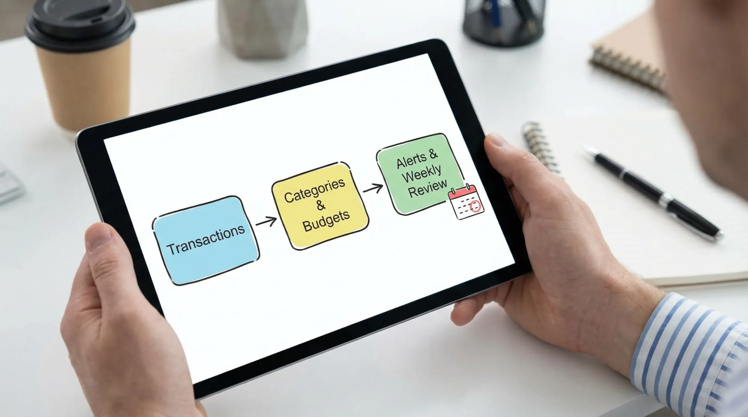 Money Patrol: What It Is and Why It’s Free 3 A simple budgeting workflow illustration showing three boxes connected by arrows: “Transactions” to “Categories & Budgets” to “Alerts & Weekly Review,” with a small calendar icon near the last box.