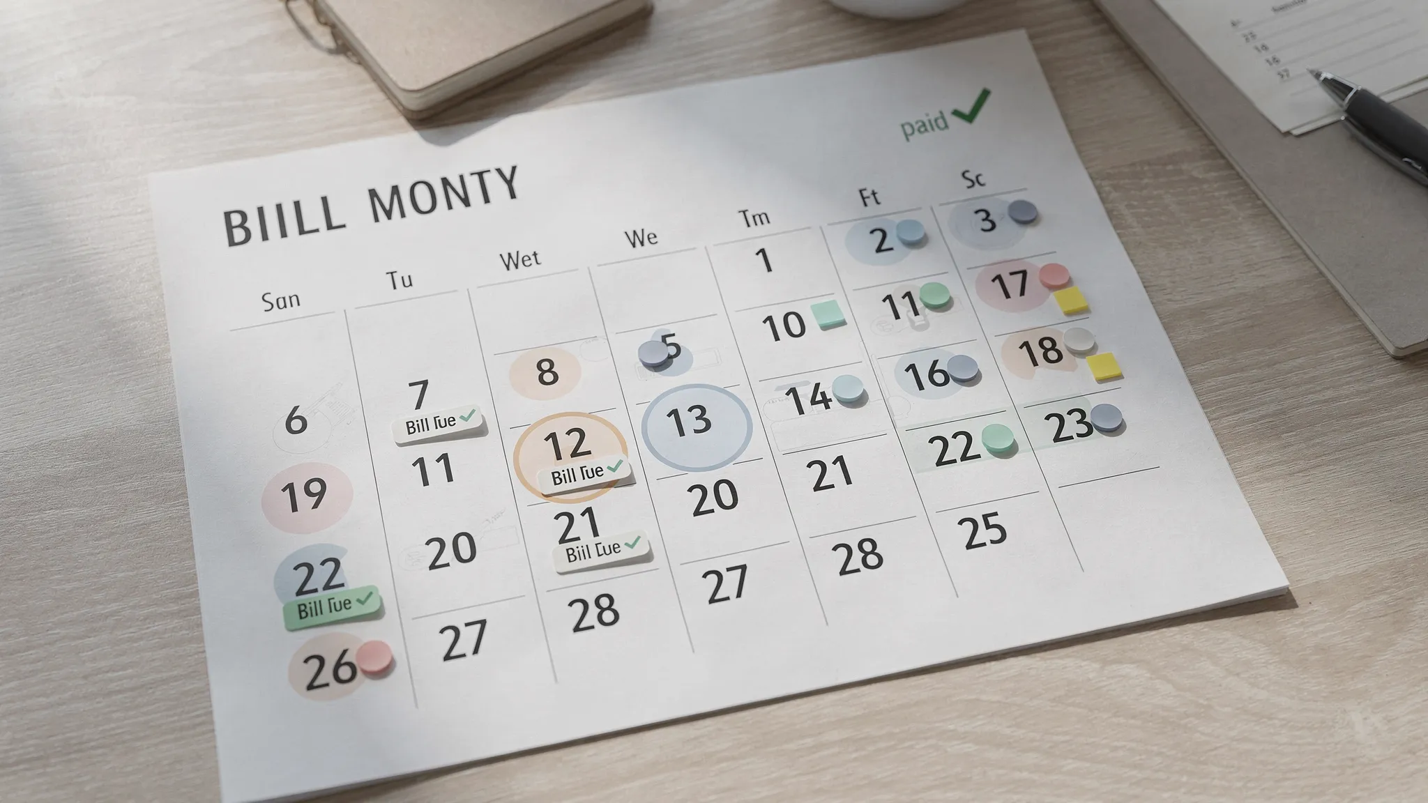 A simple calendar view with highlighted bill due dates, two reminder markers per bill, and a small “paid” check indicator next to completed payments.