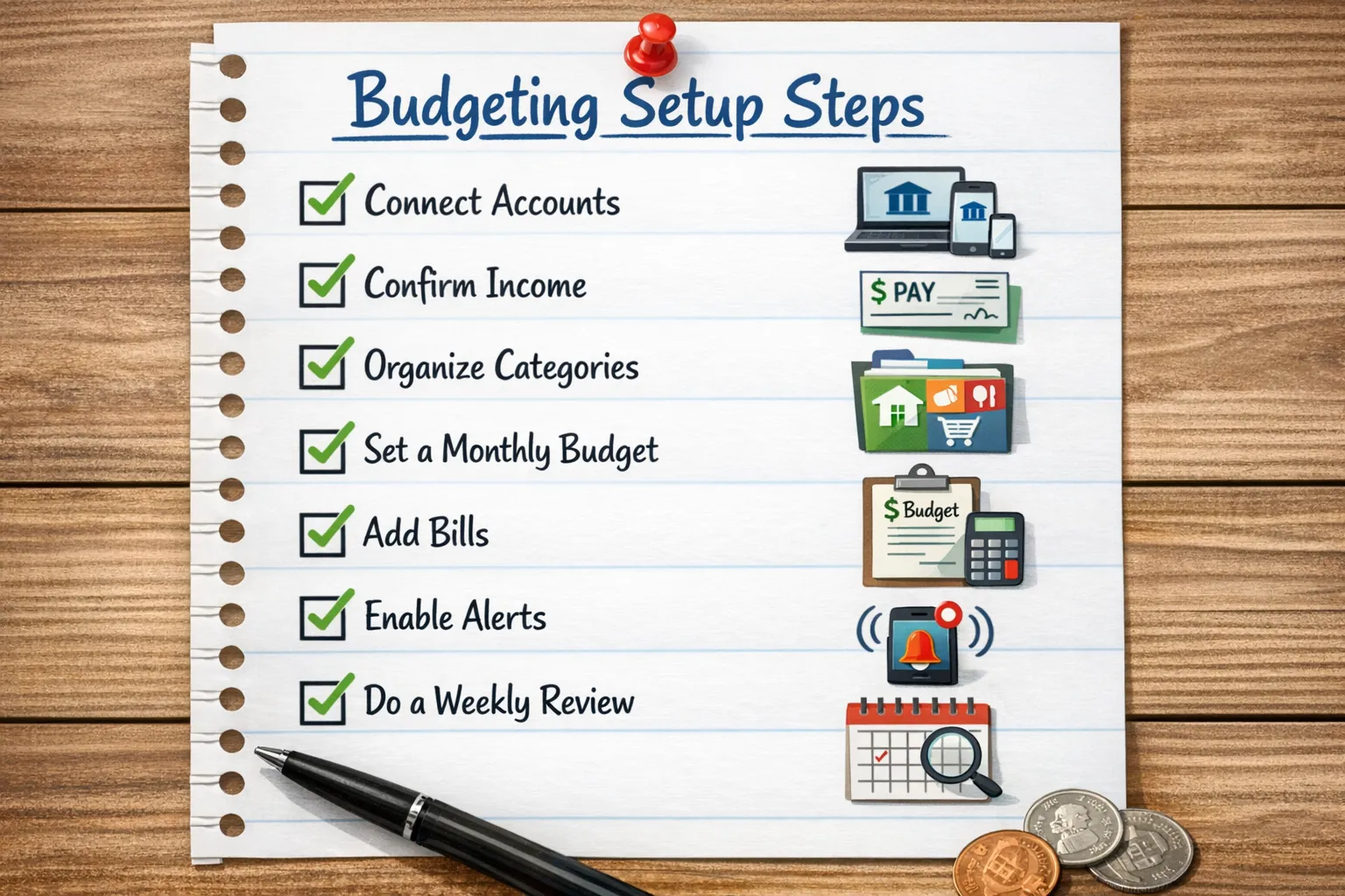 A simple checklist-style illustration of budgeting setup steps: connect accounts, confirm income, organize categories, set a monthly budget, add bills, enable alerts, and do a weekly review.